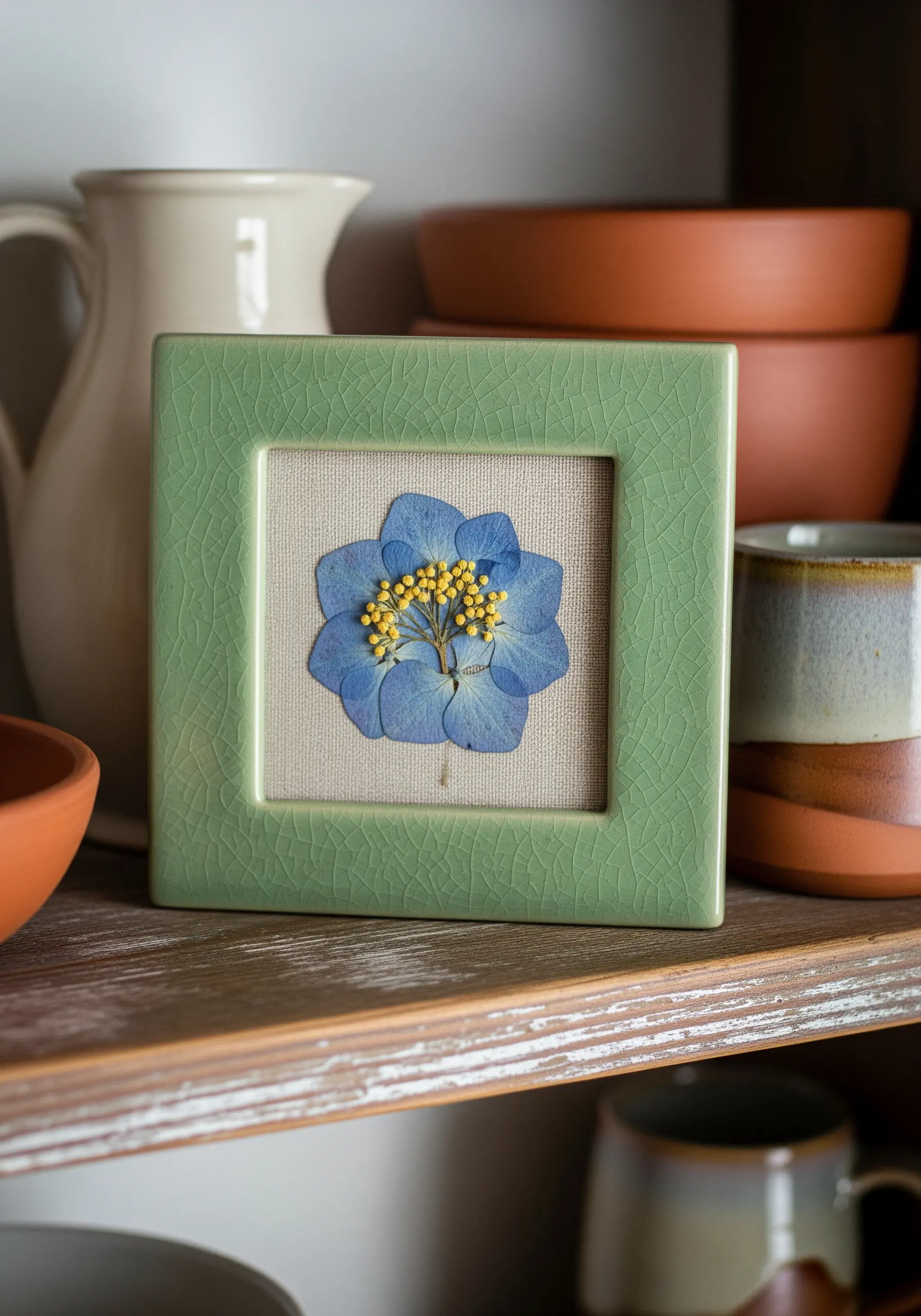 Blue hydrangea pressed flower in a green ceramic frame