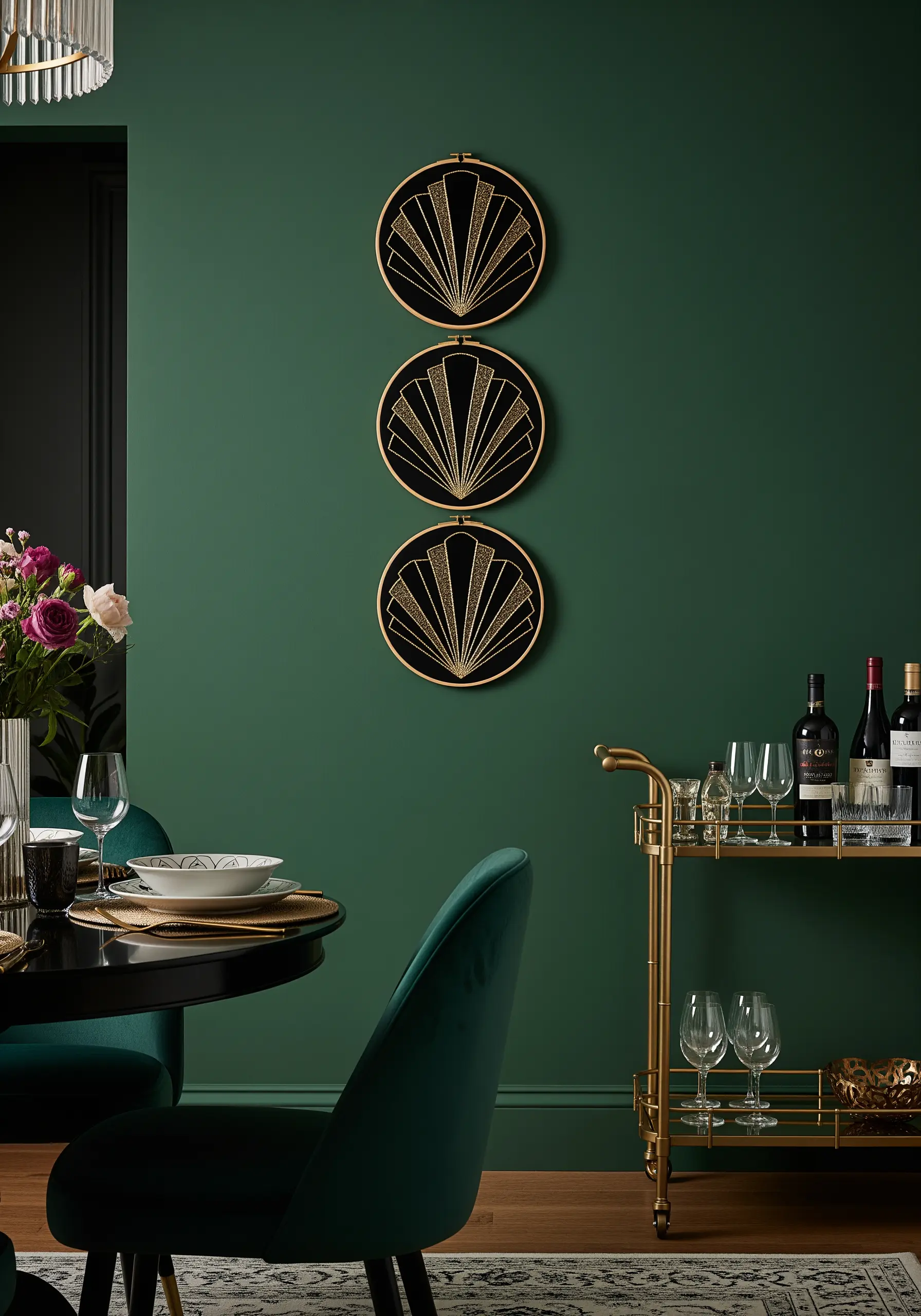 Three vertically stacked hoops with gold metallic Art Deco fan designs on black fabric.