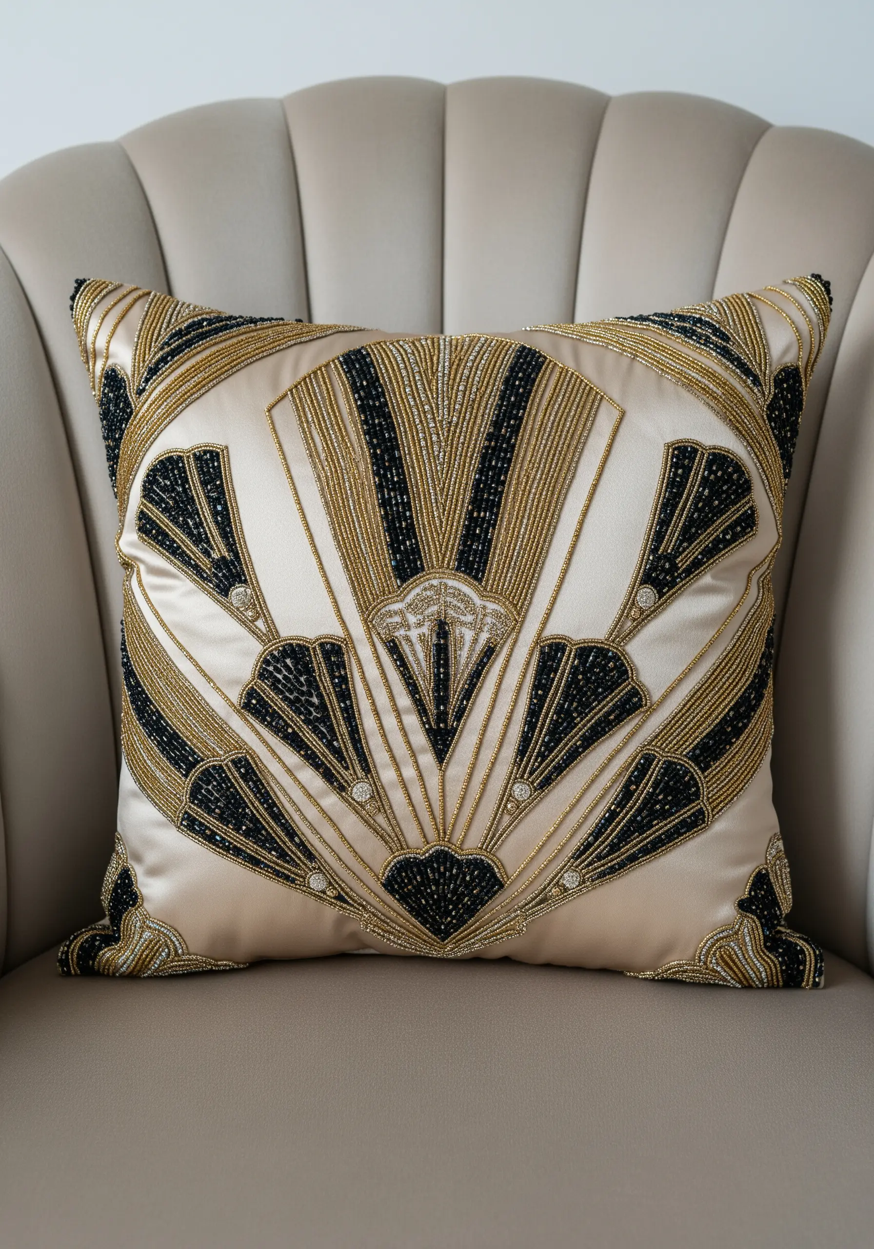 An Art Deco fan design on a satin pillow, embellished with gold and black beads.
