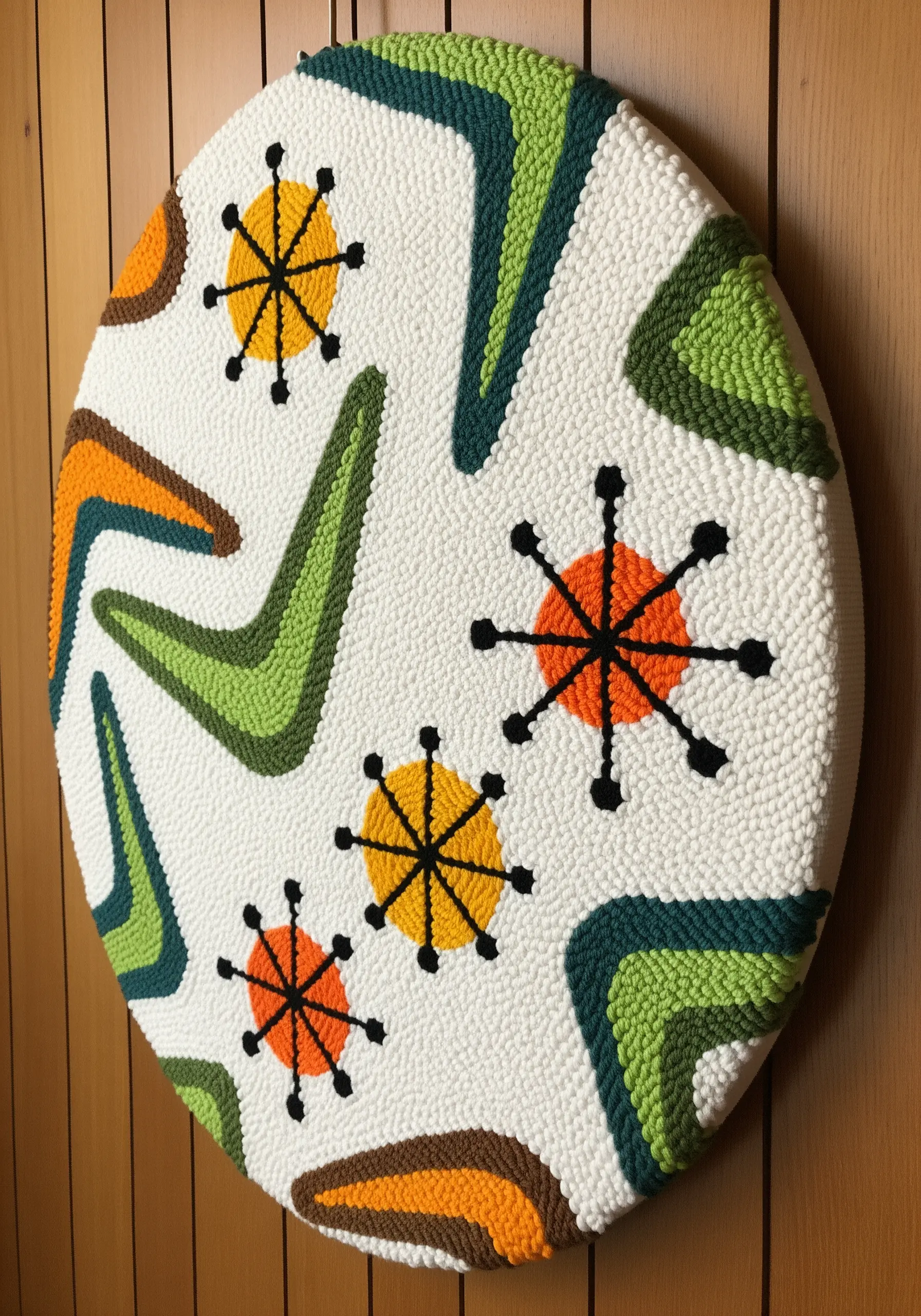 A circular mid-century modern punch needle piece with boomerang and starburst motifs.