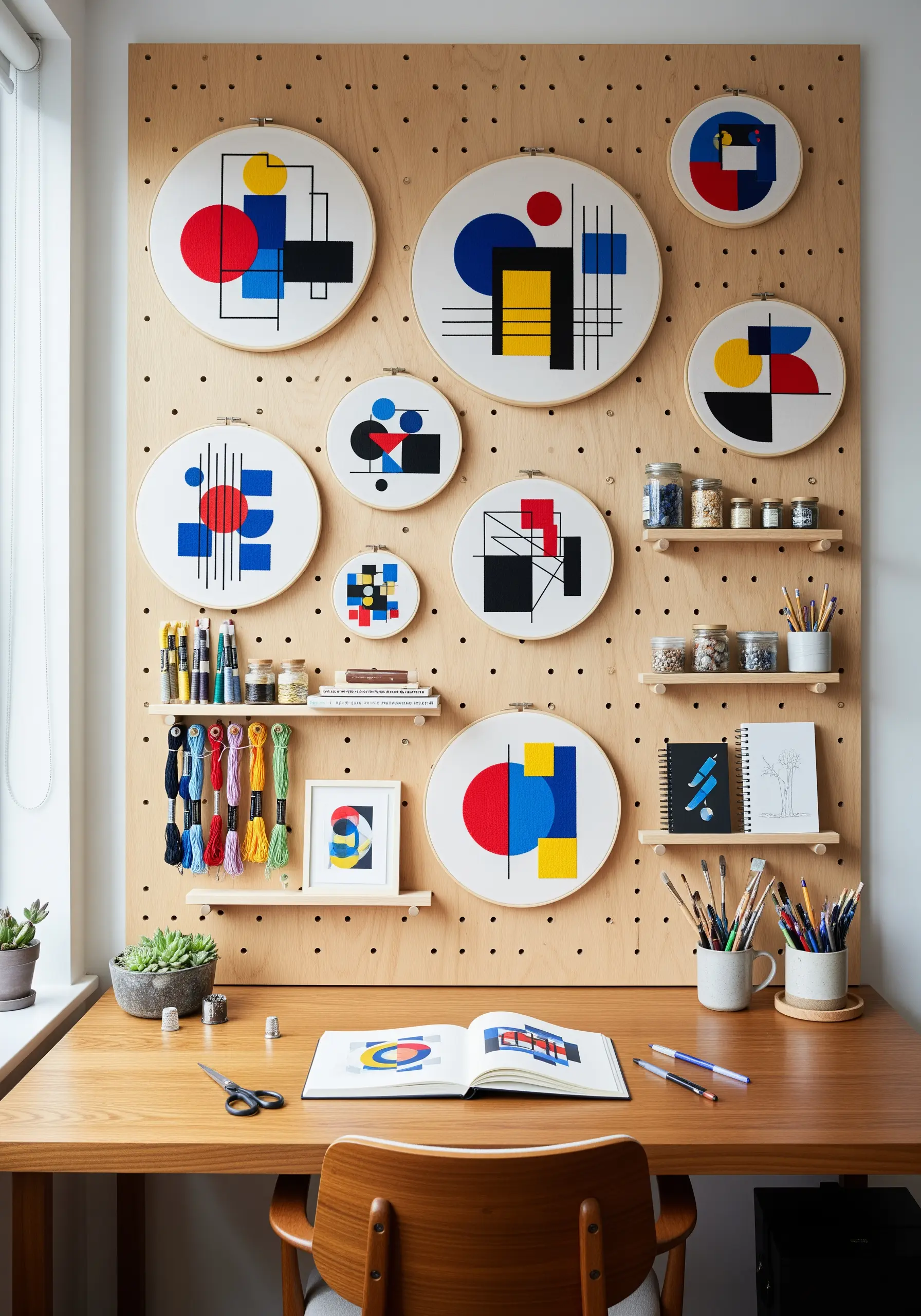 A craft room pegboard displaying hoops with Bauhaus-inspired geometric art.