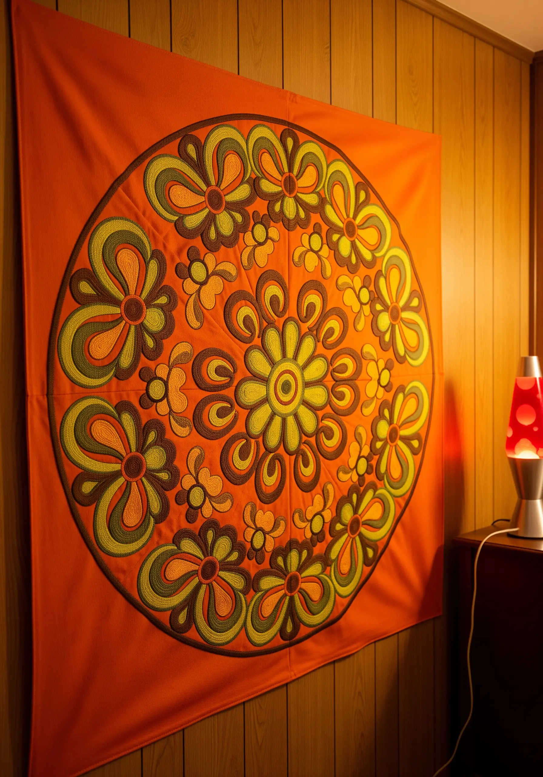 A retro 70s floral mandala embroidered in orange, green, and yellow on a bright orange fabric.