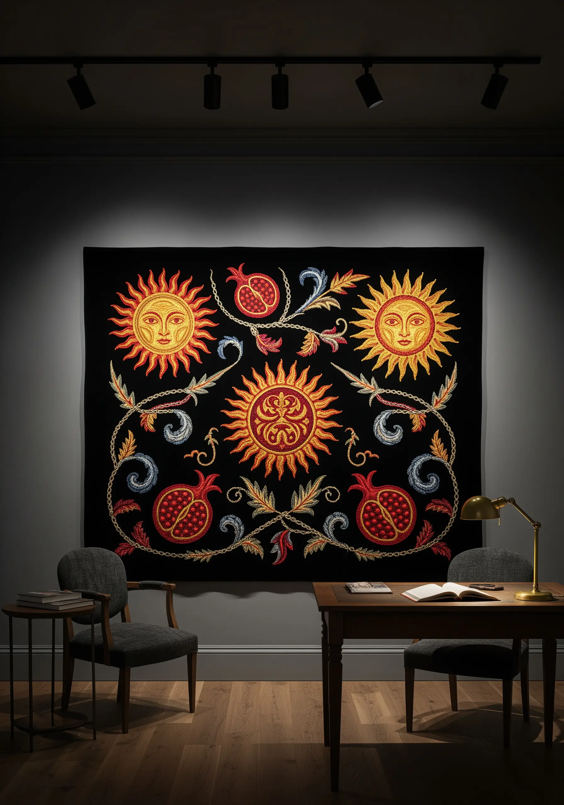 Large Suzani-inspired embroidery with suns and pomegranates on a black textile.