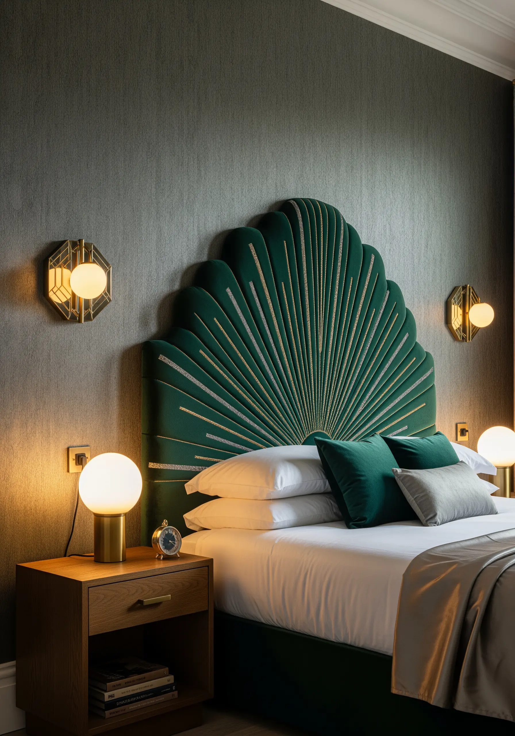 An emerald green velvet headboard with radiating gold embroidered lines in an Art Deco style.