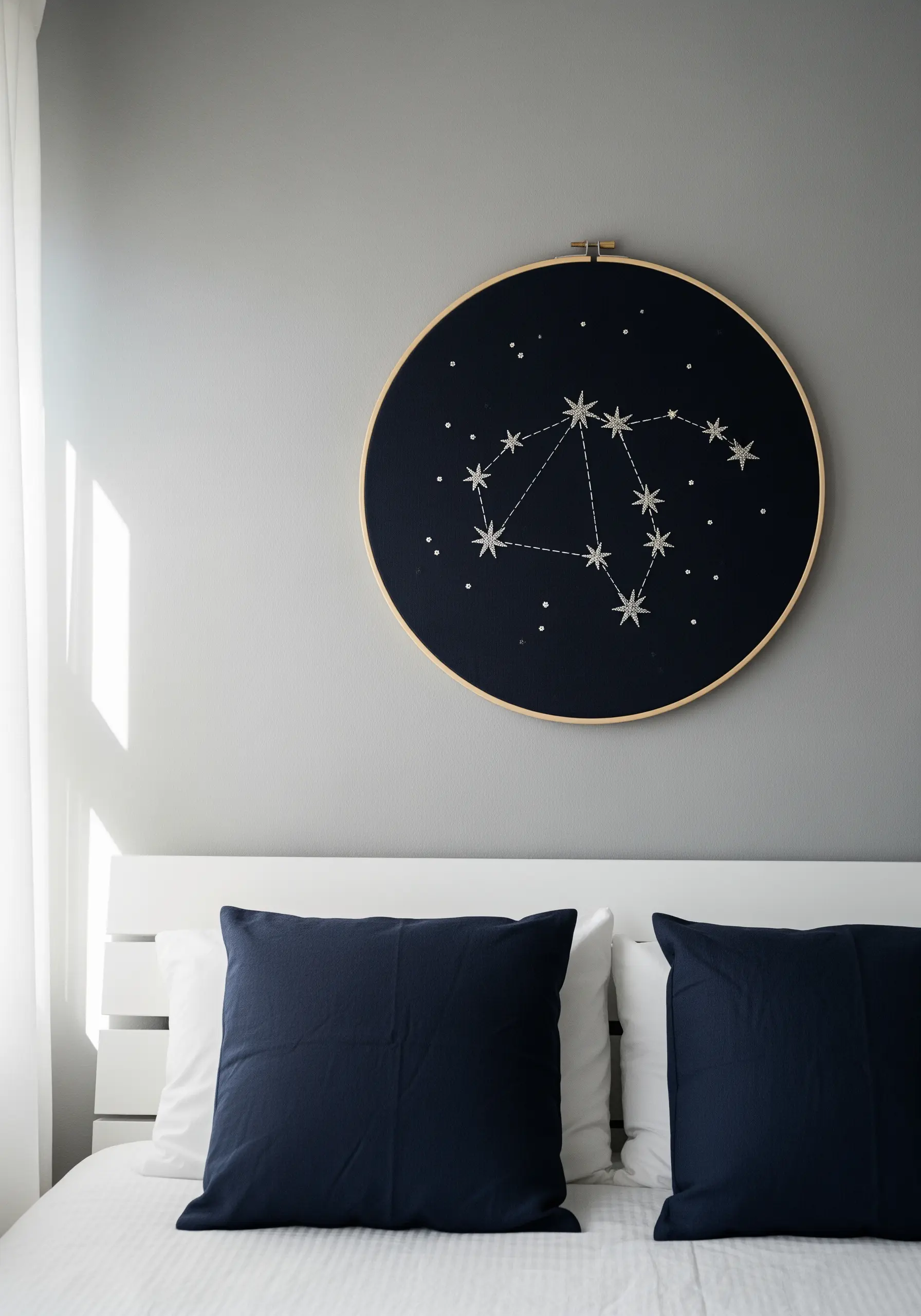 An embroidered constellation with silver thread on a dark fabric background.