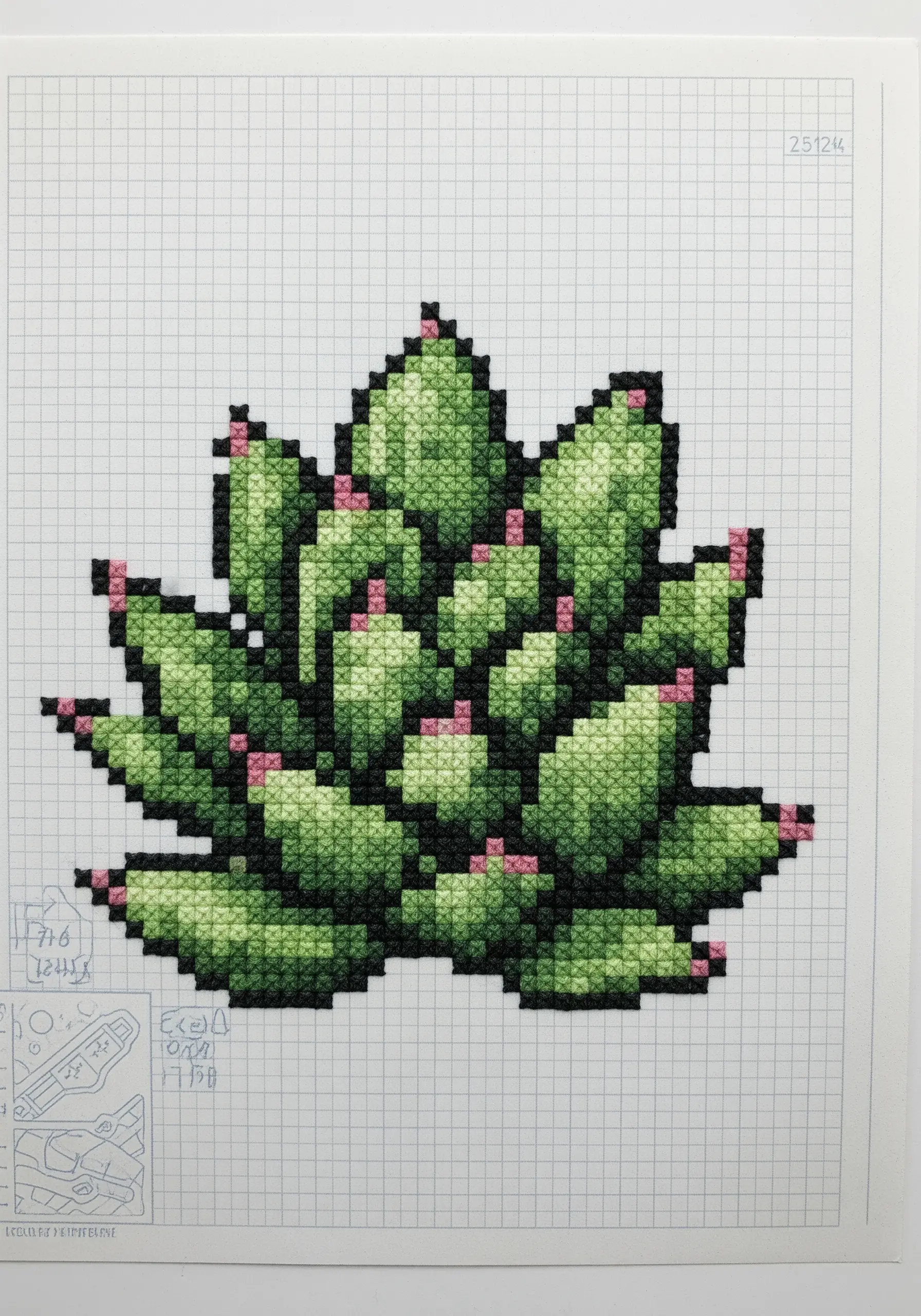 A cross-stitched succulent plant meticulously stitched directly onto a sheet of graph paper.