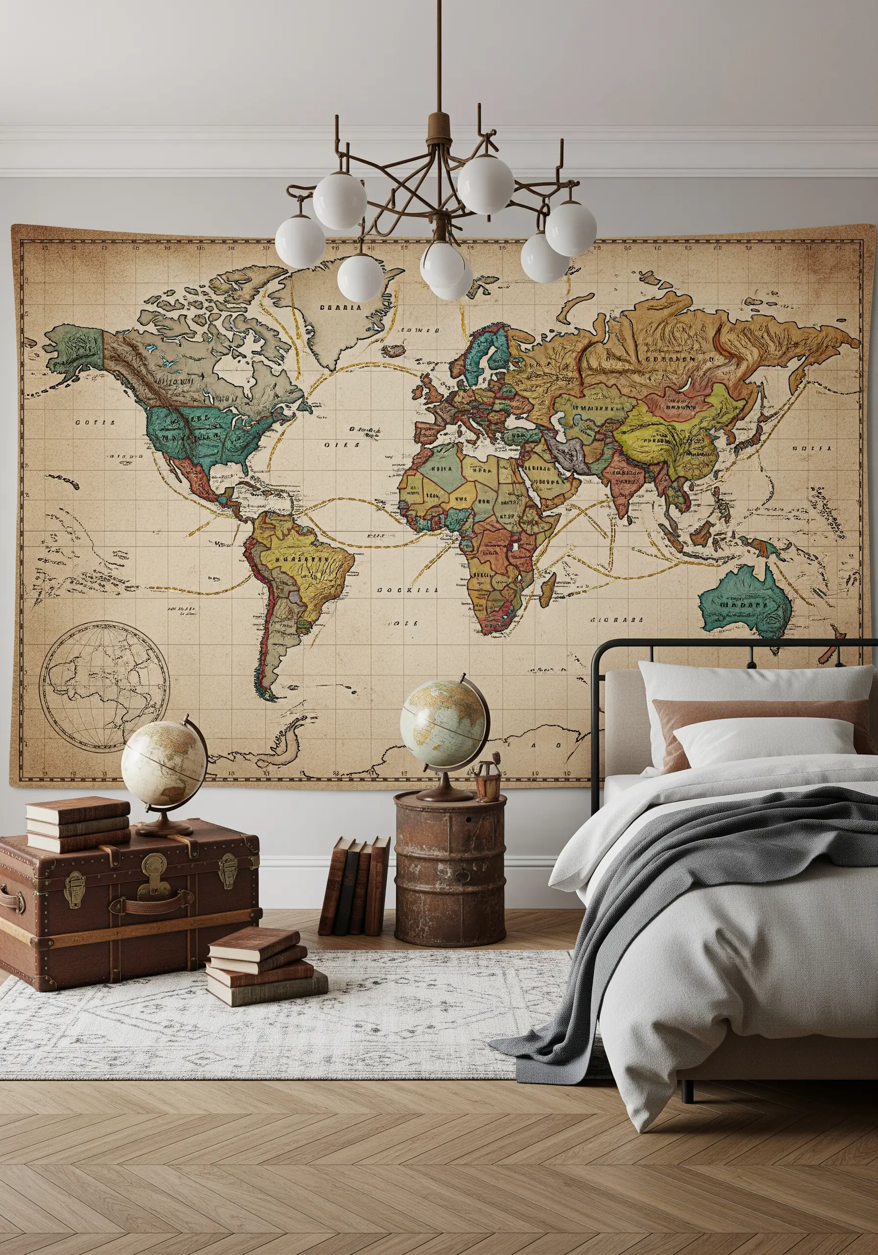 A large, vintage-style world map tapestry hanging above a bed in a travel-themed room.