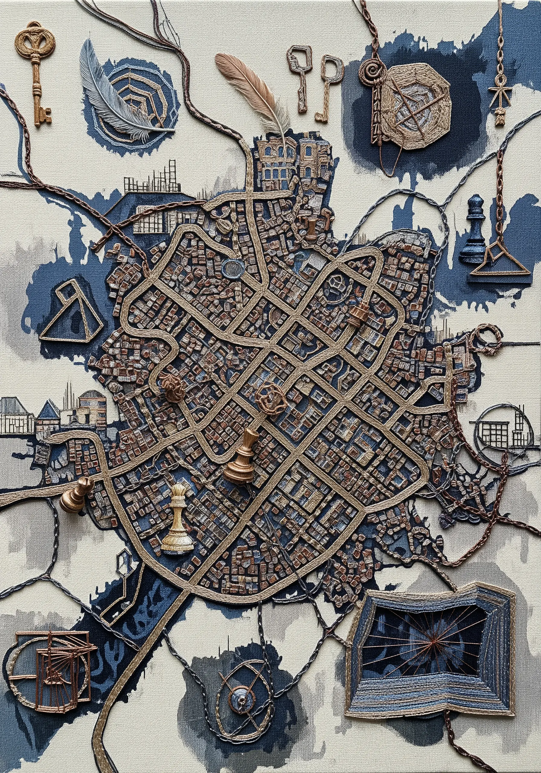 An abstract embroidered map with couched threads, charms, and textured stitches.