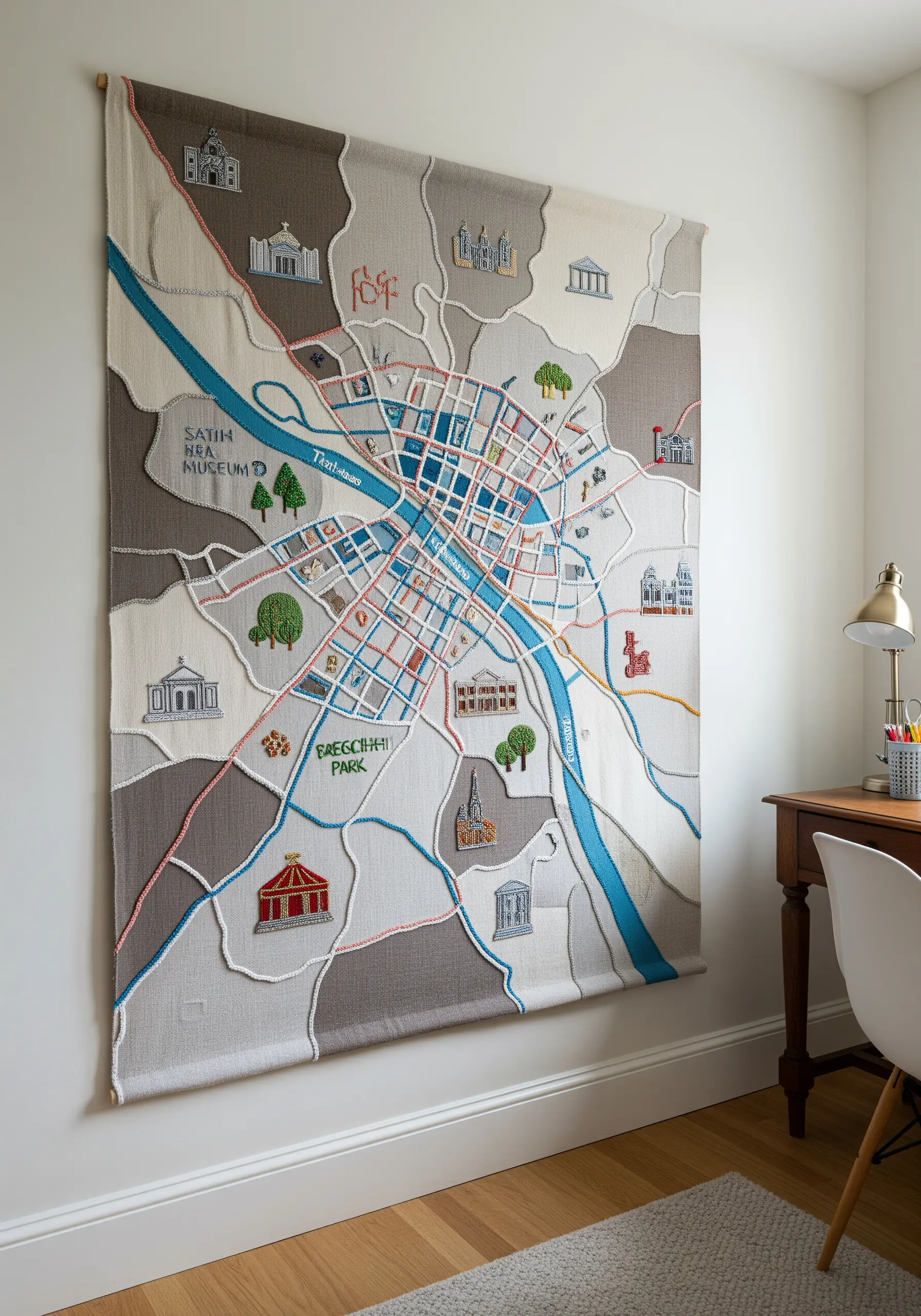 A large embroidered tapestry of a city map with stitched streets and appliqué buildings.