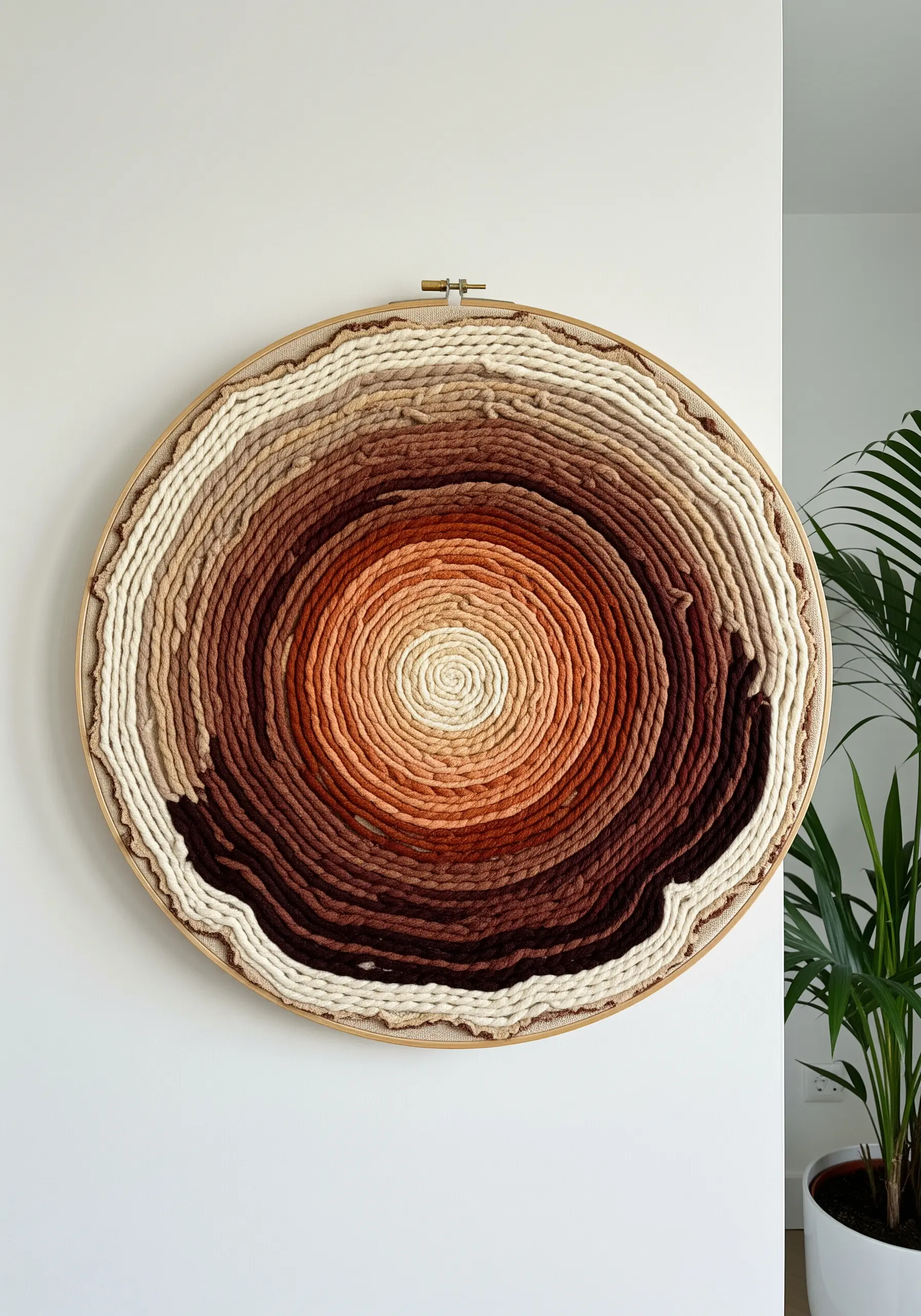Large embroidery hoop filled with coiled yarn in brown, tan, and cream gradients, resembling tree rings.