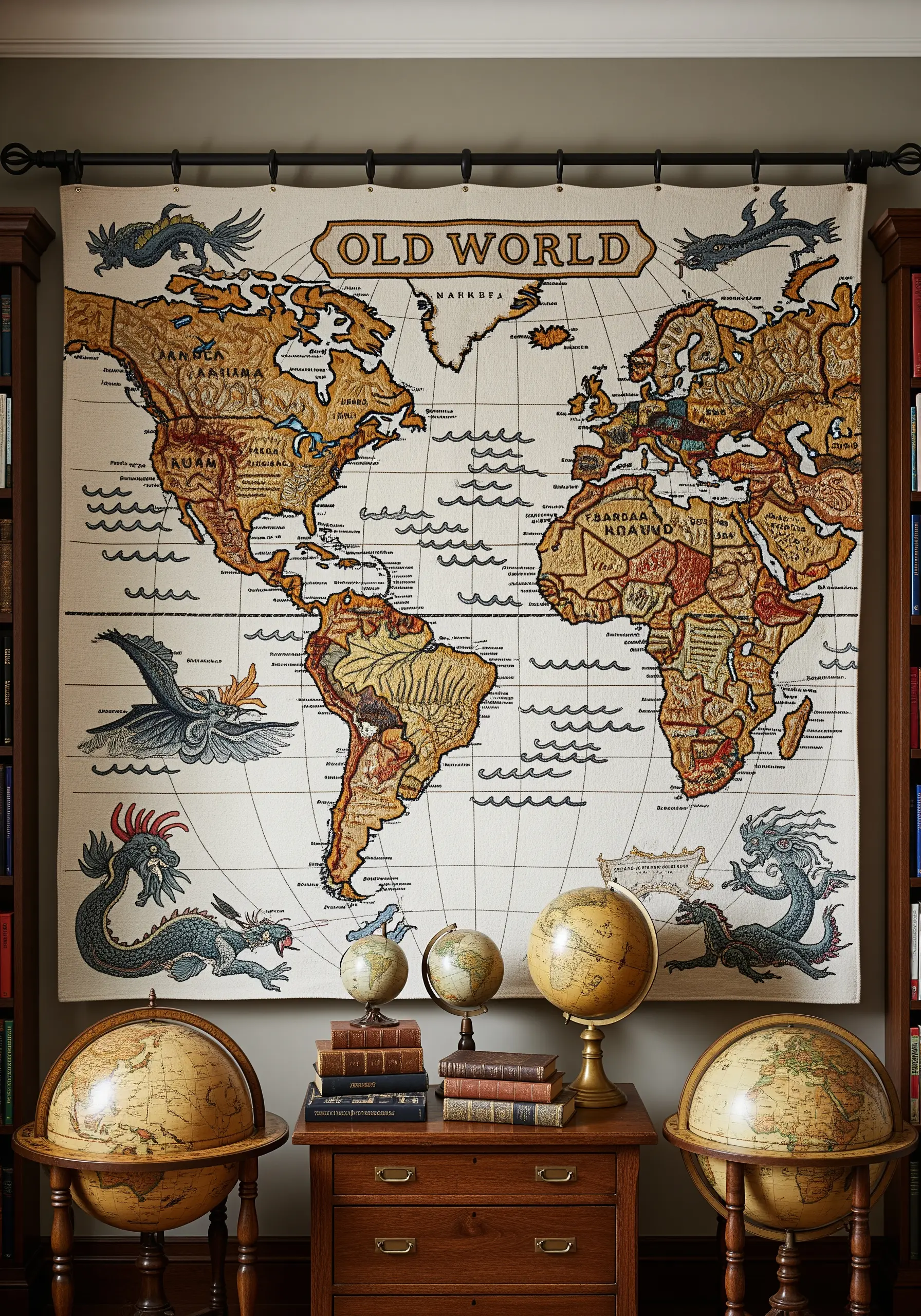 A large embroidered tapestry of a vintage 'Old World' map hanging in a library setting.