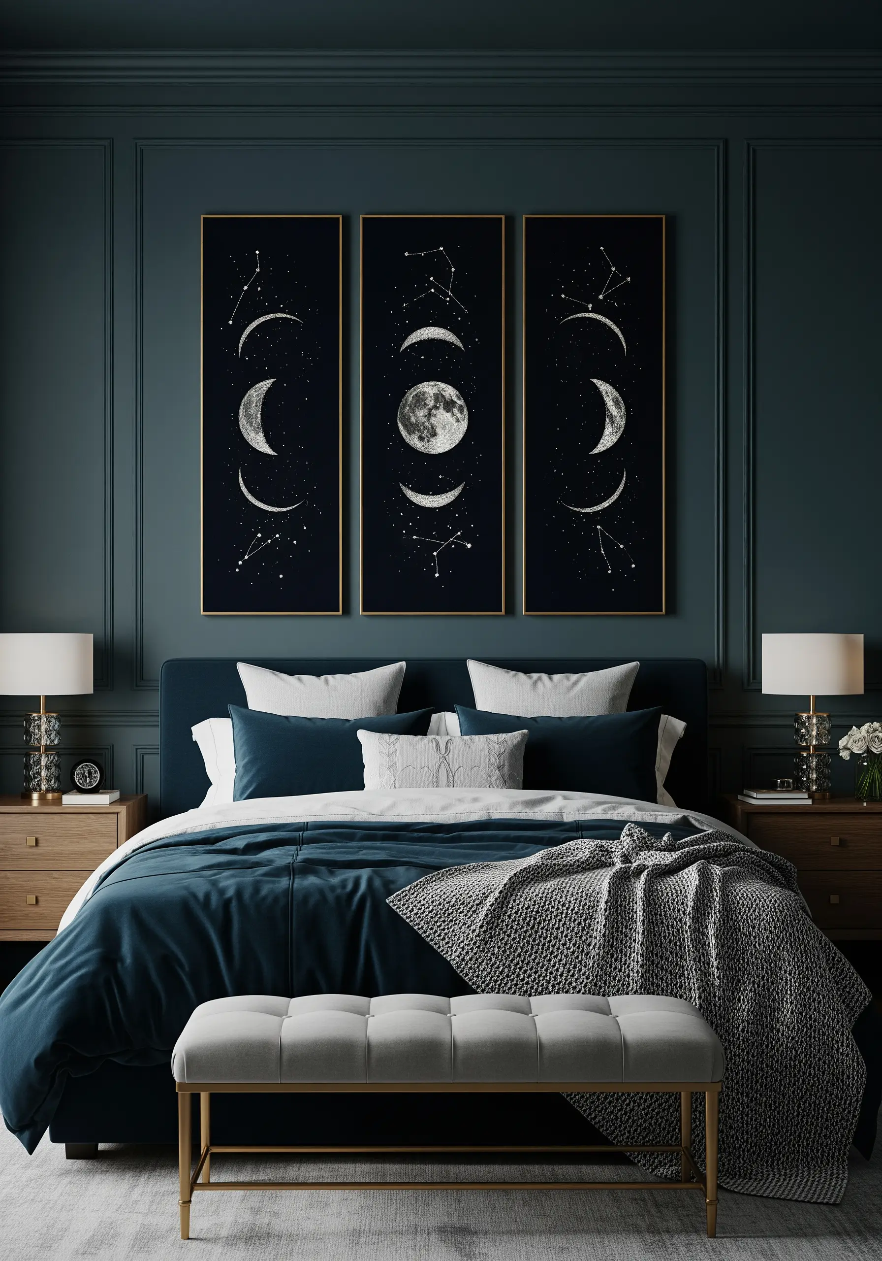 Three vertical frames showing embroidered moon phases and constellations on dark fabric.