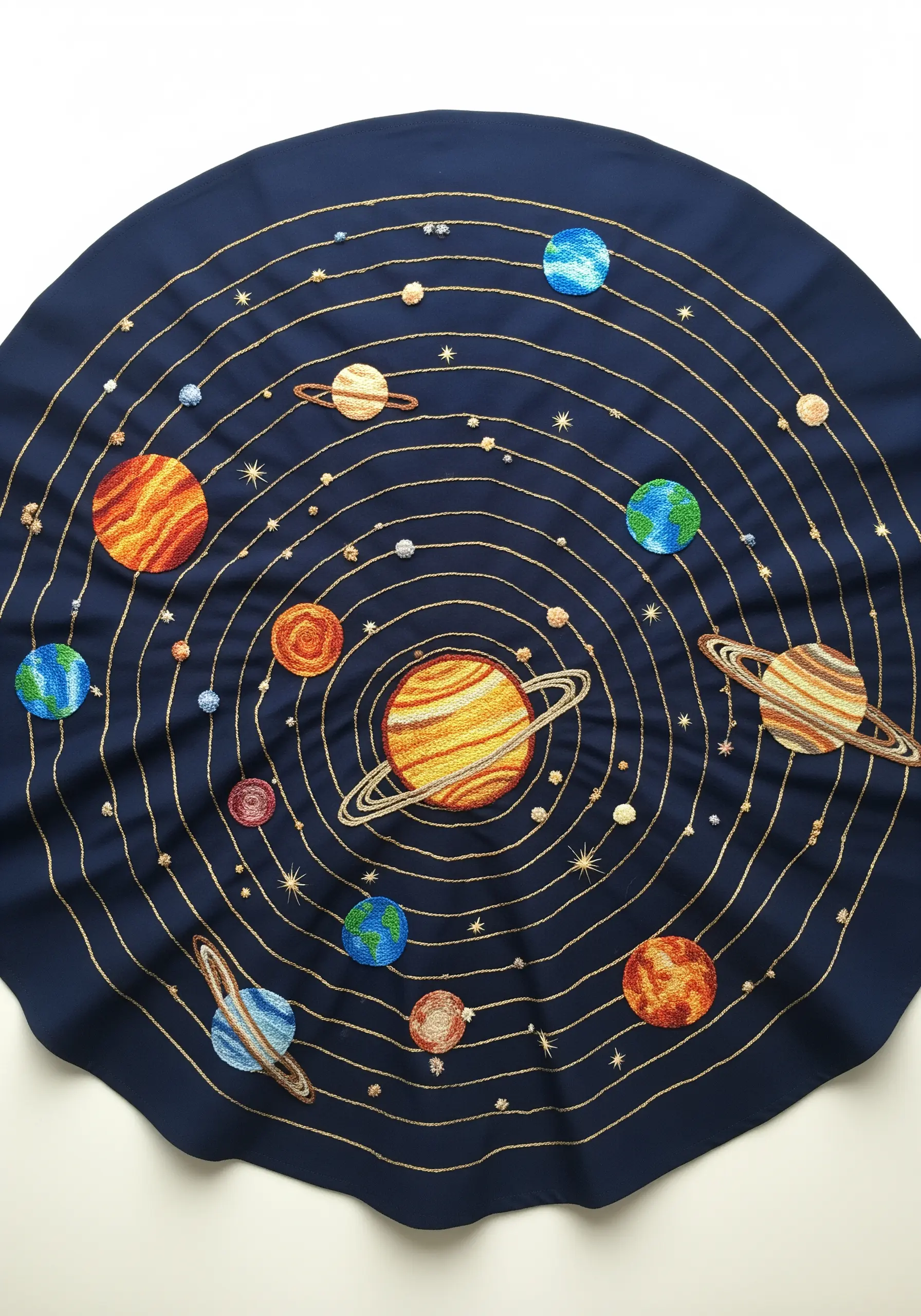 Embroidery of the solar system on dark blue fabric, with planets showing textured stitches.