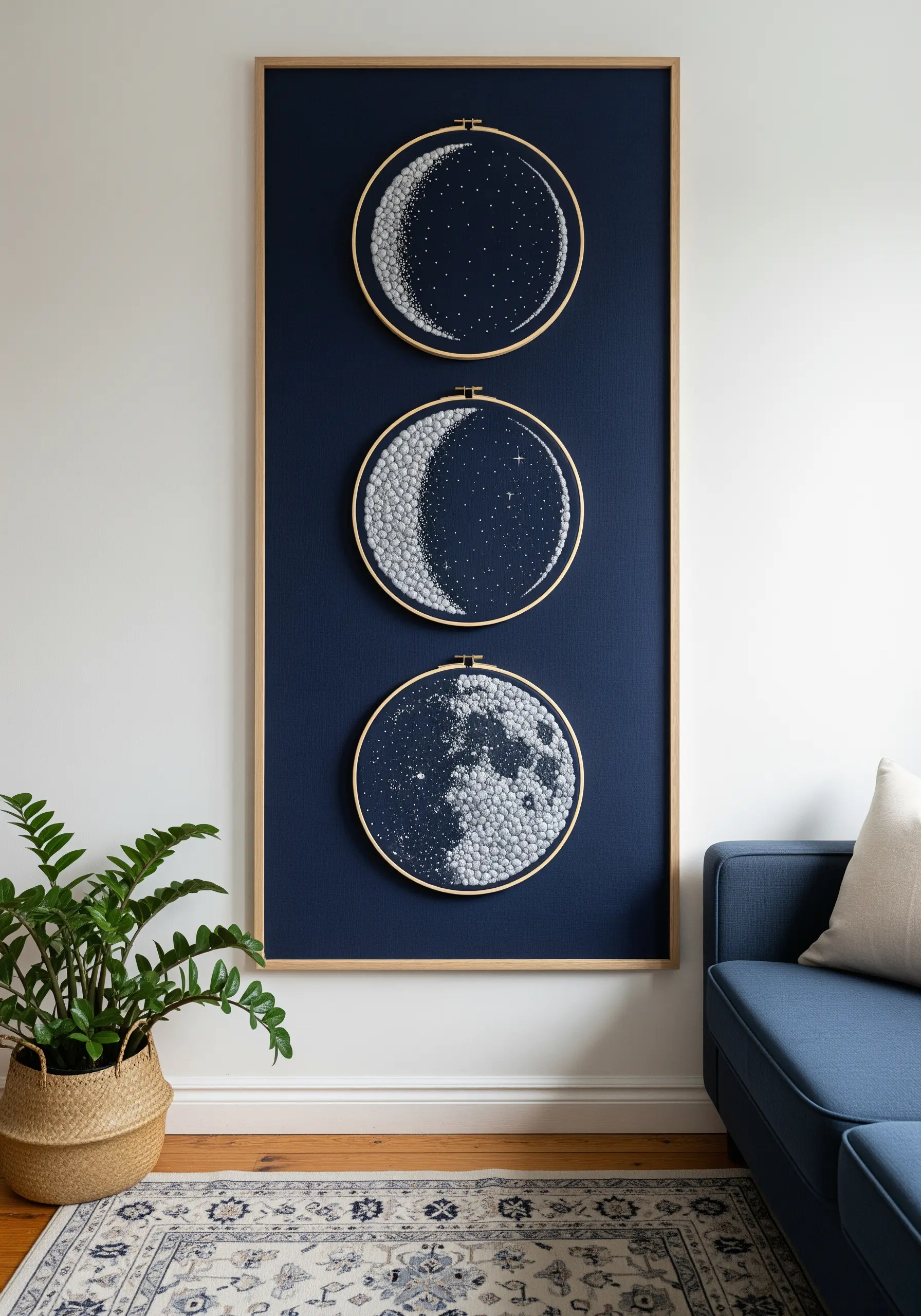 Three embroidery hoops showing moon phases, created with dense white and grey French knots.