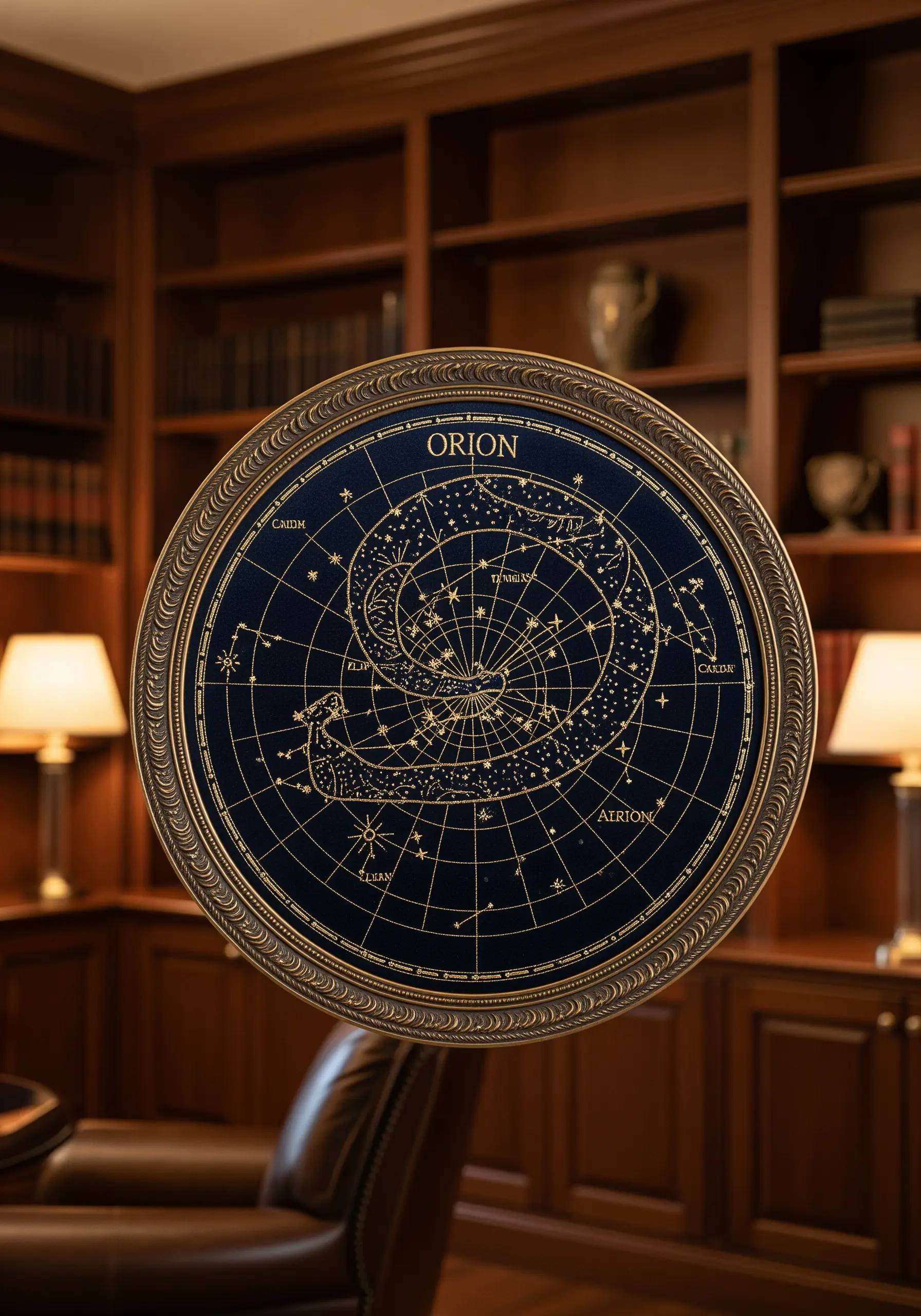 An embroidered constellation map of Orion in gold metallic thread on a round navy blue background.