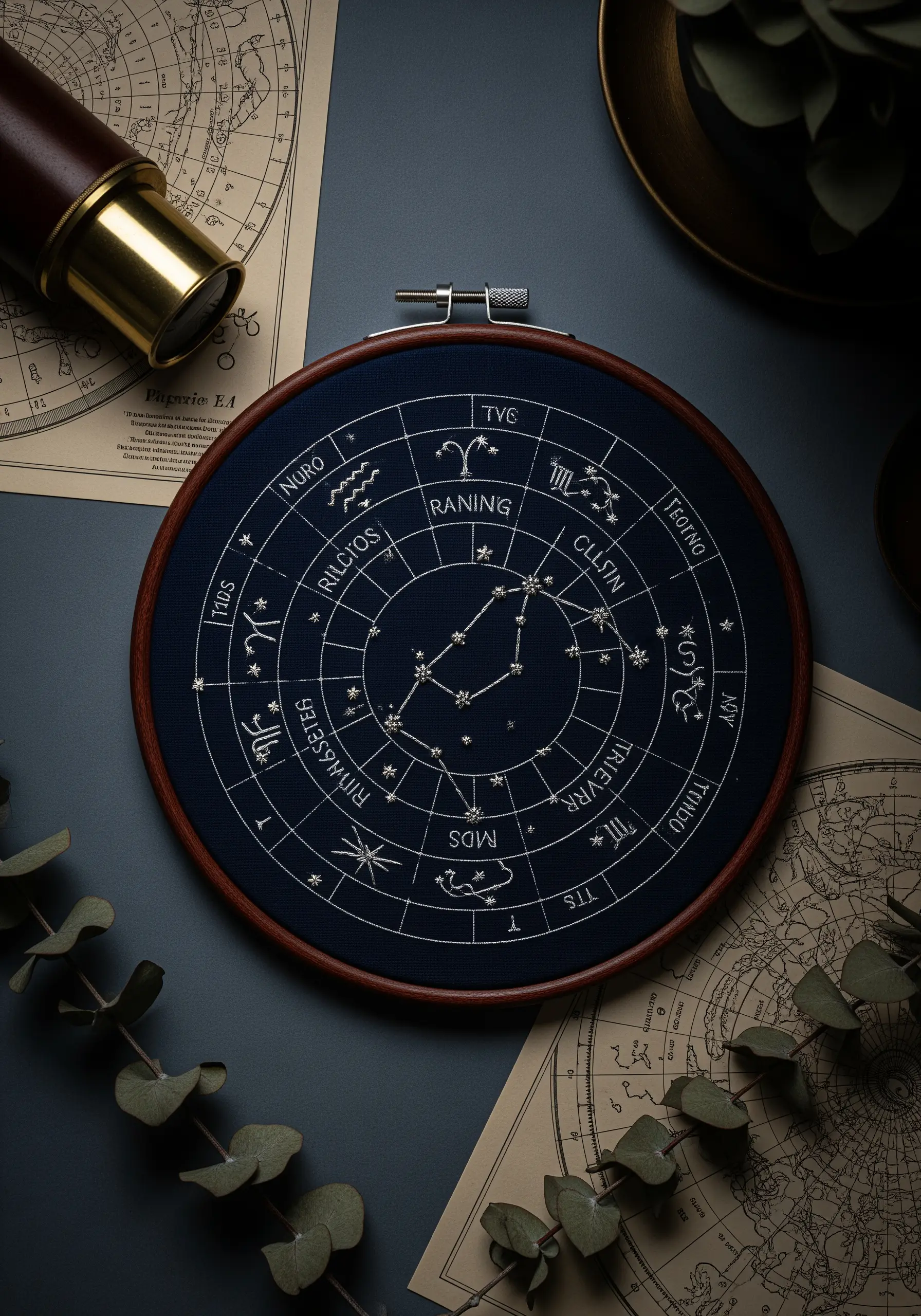 An embroidered star chart of constellations on dark navy fabric in a wooden hoop.