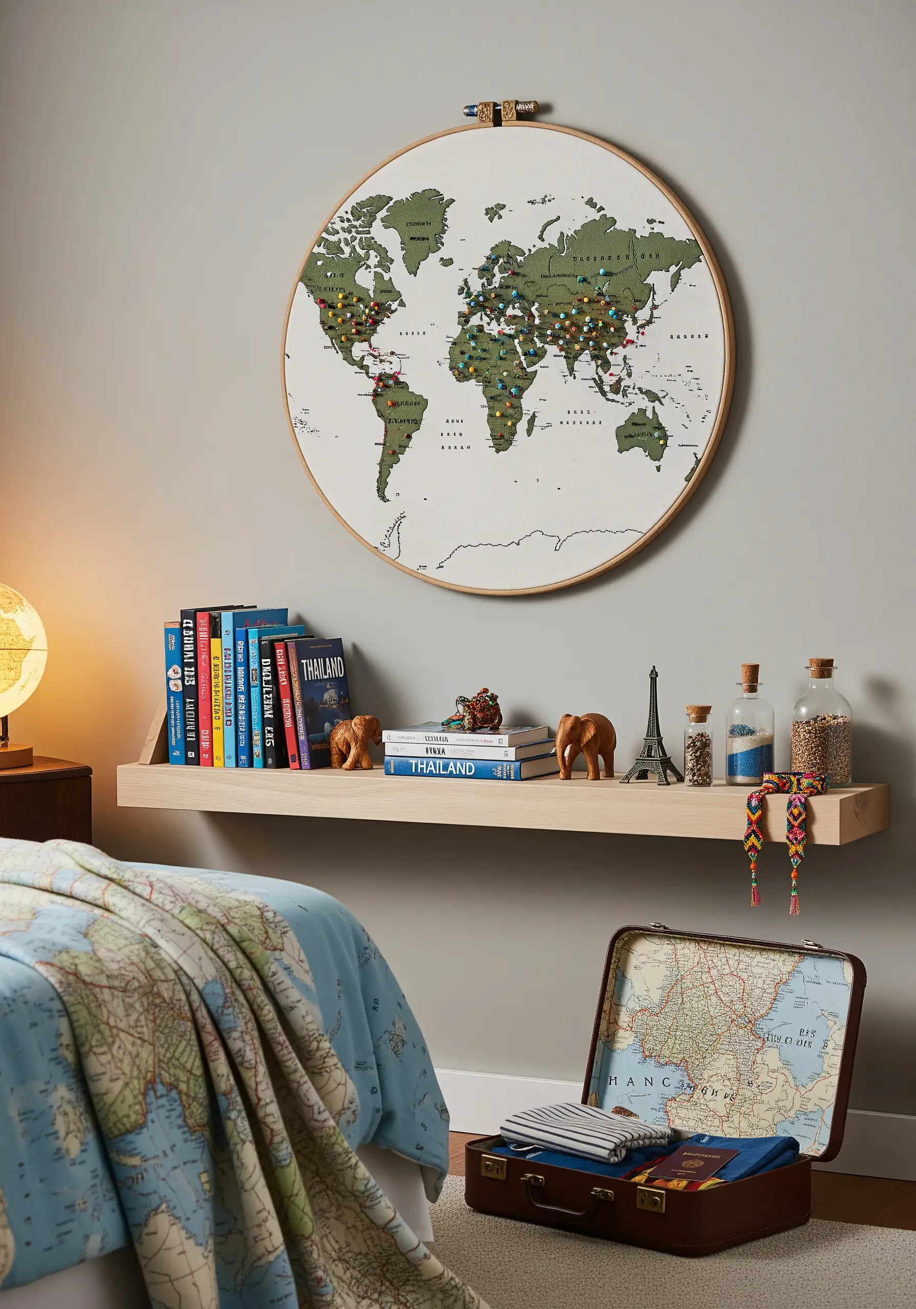 An embroidered world map in a large hoop, with colorful pins or knots marking locations.