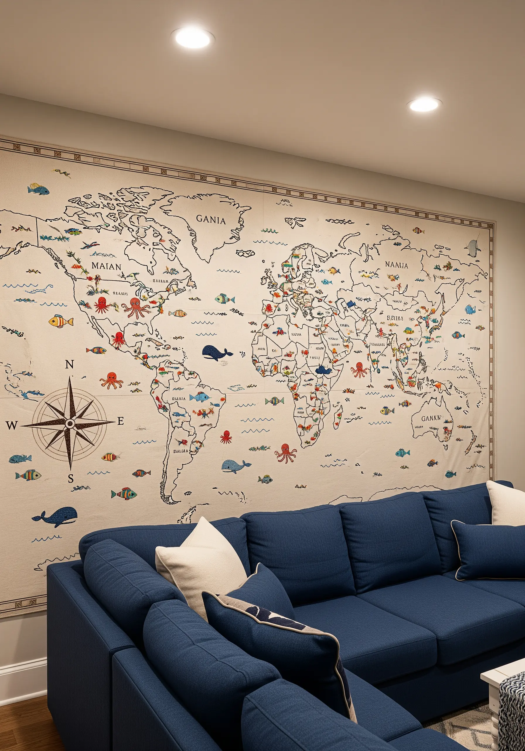 Large embroidered world map tapestry with small colorful sea creatures.