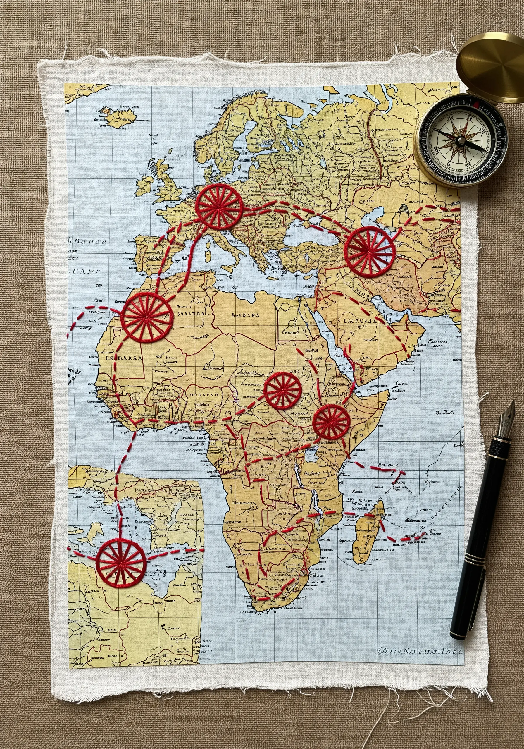 A vintage map with travel routes marked by red embroidery thread and woven wheels.