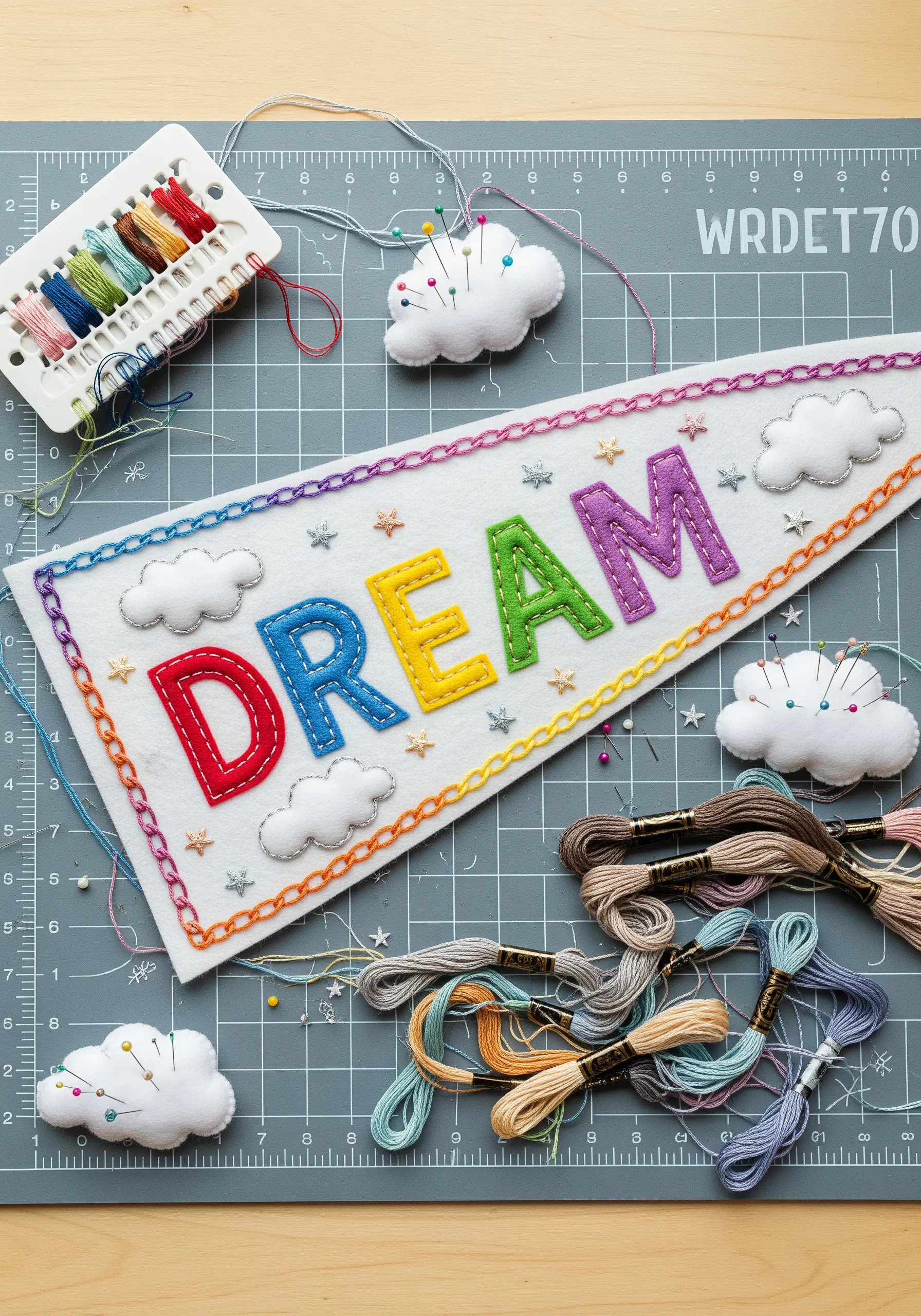 A craft table with a felt pennant that says