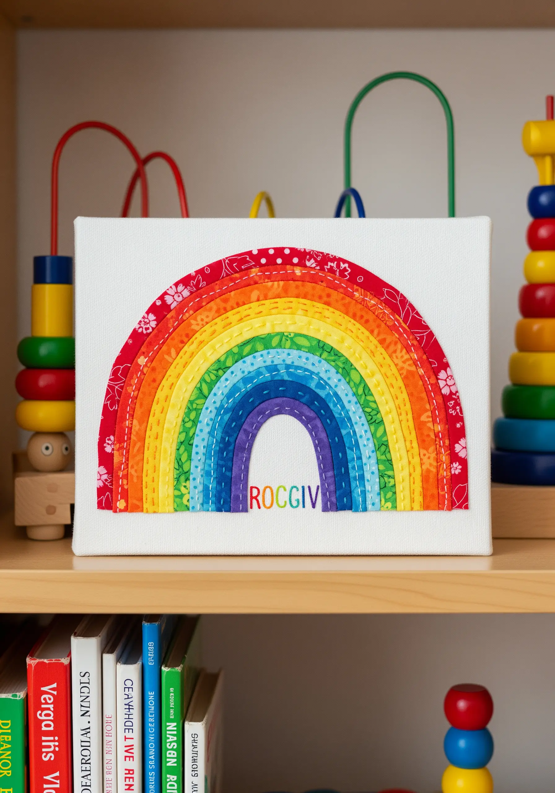 A fabric collage rainbow made with patterned strips and visible running stitches.