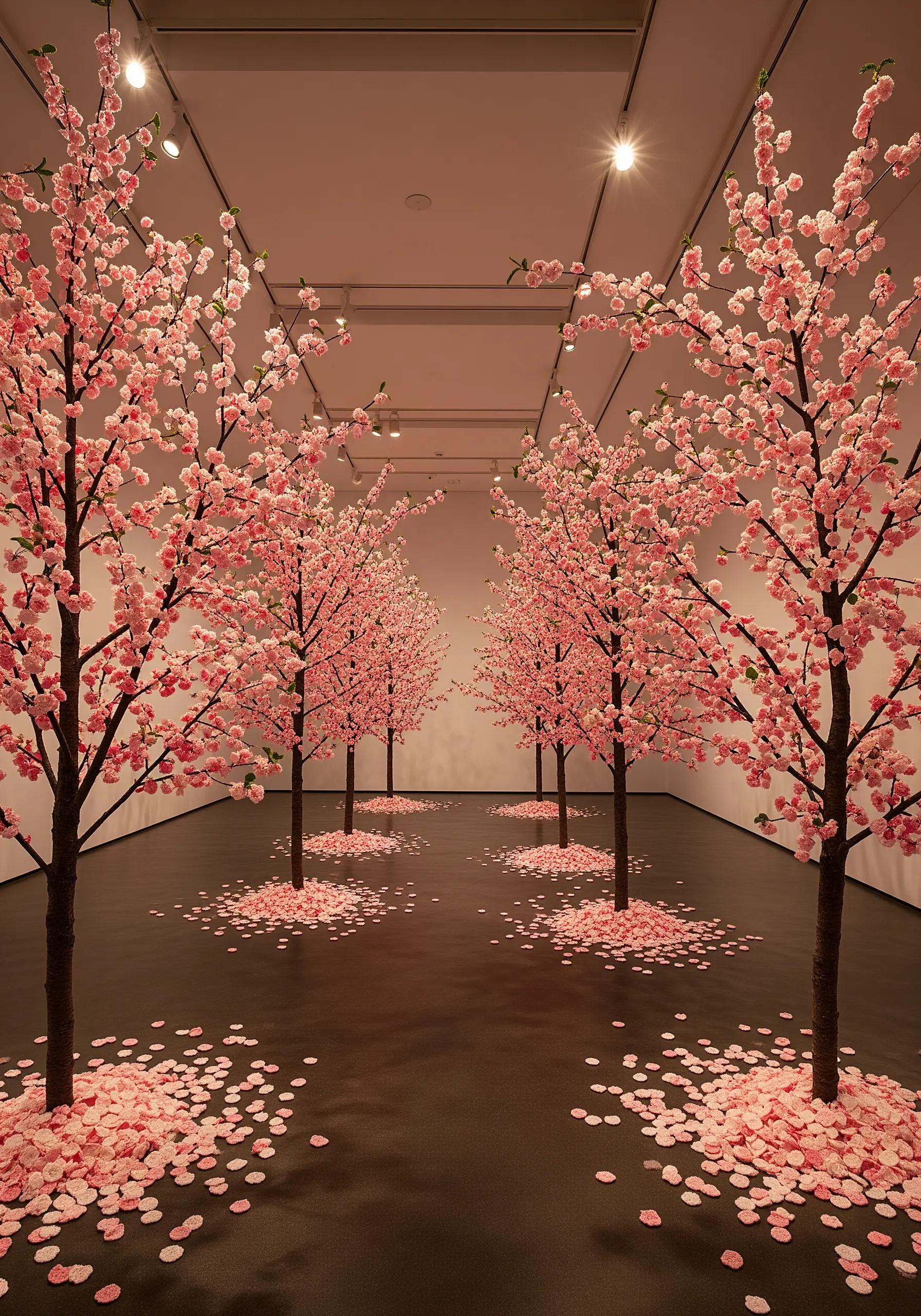 An installation of artificial cherry blossom trees with pink fabric flowers lining a hallway.