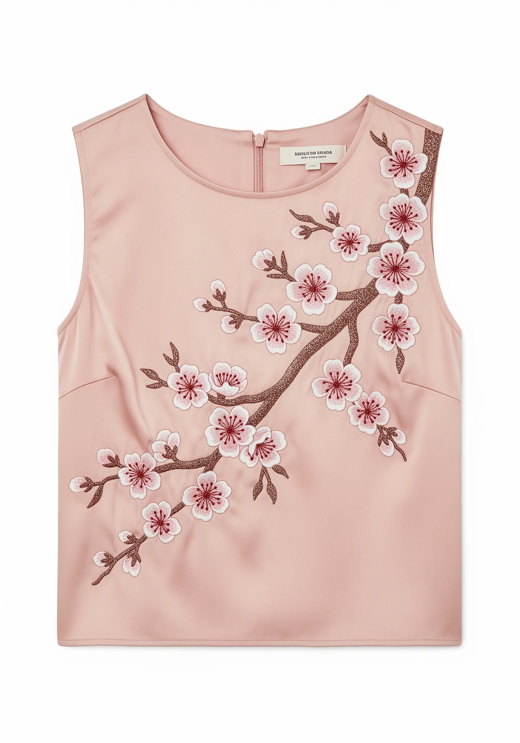 Cherry blossom branches with white and pink glitter thread details on a pink satin top.