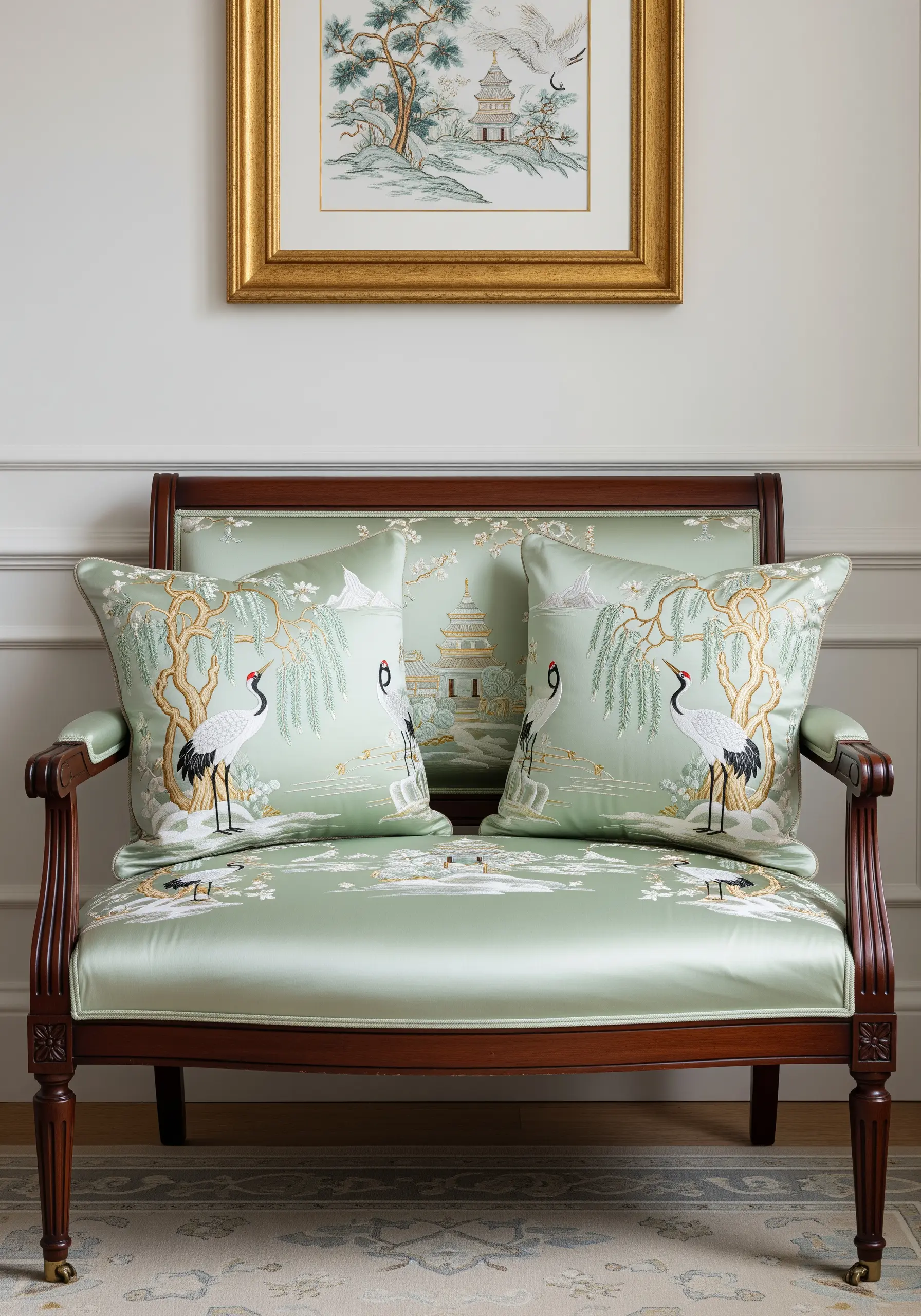 Two elegant sage green silk cushions embroidered with cranes and willow trees in a Chinoiserie style.