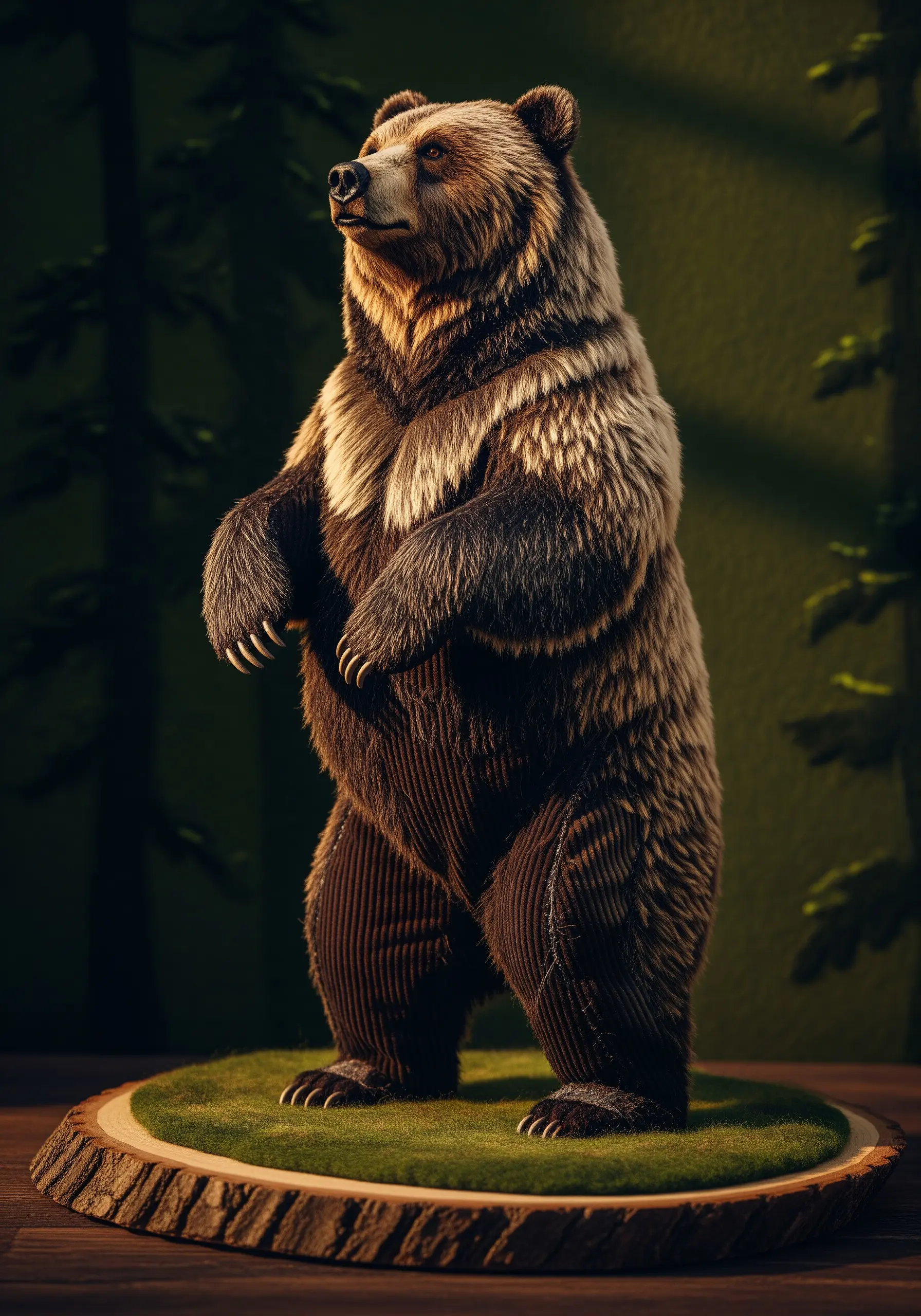 A standing bear sculpture made from textured fabrics like corduroy to simulate fur.