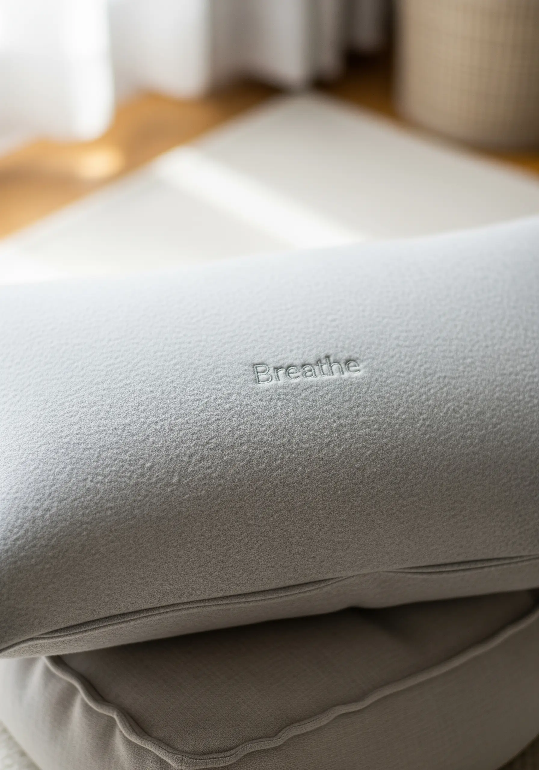 Delicate backstitch of the word 'Breathe' on a soft, light gray fleece pillow.
