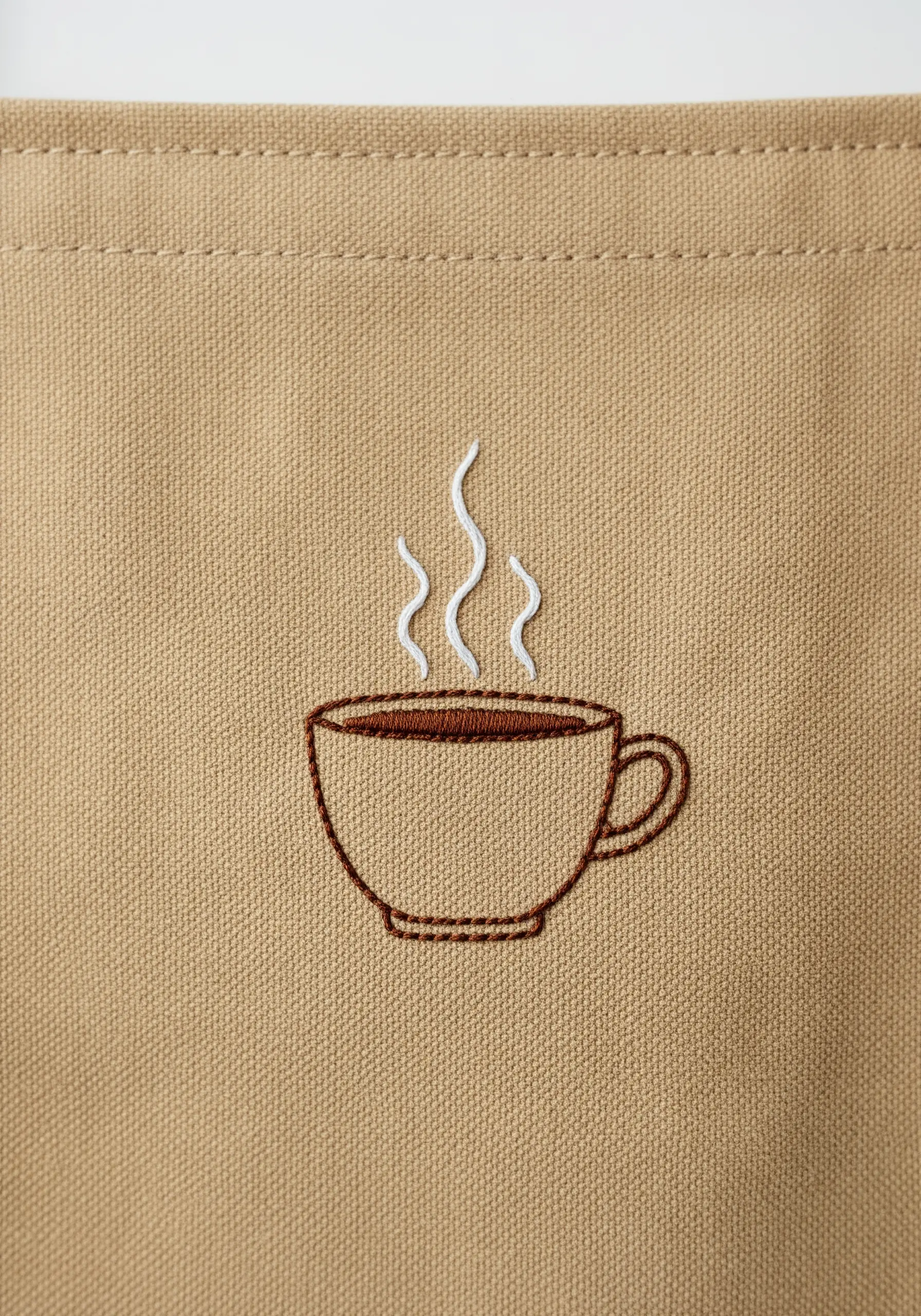 A brown-outlined coffee cup with white steam embroidered on a tan canvas apron.