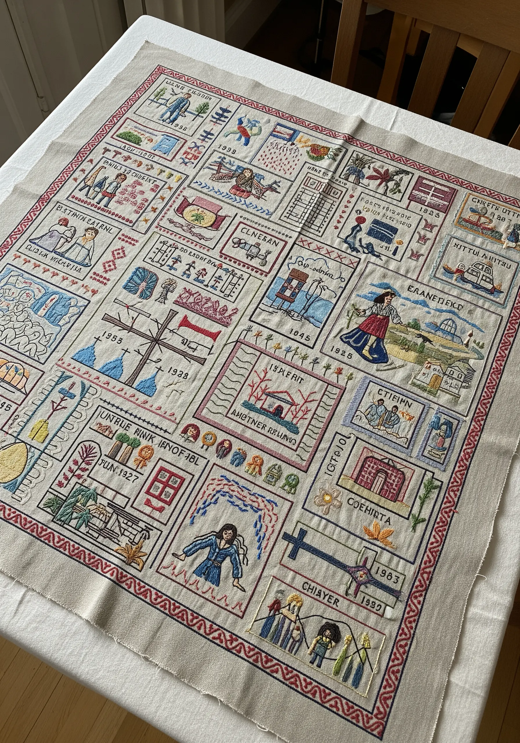 A large, detailed embroidery sampler with dozens of small blocks depicting historical scenes and dates.