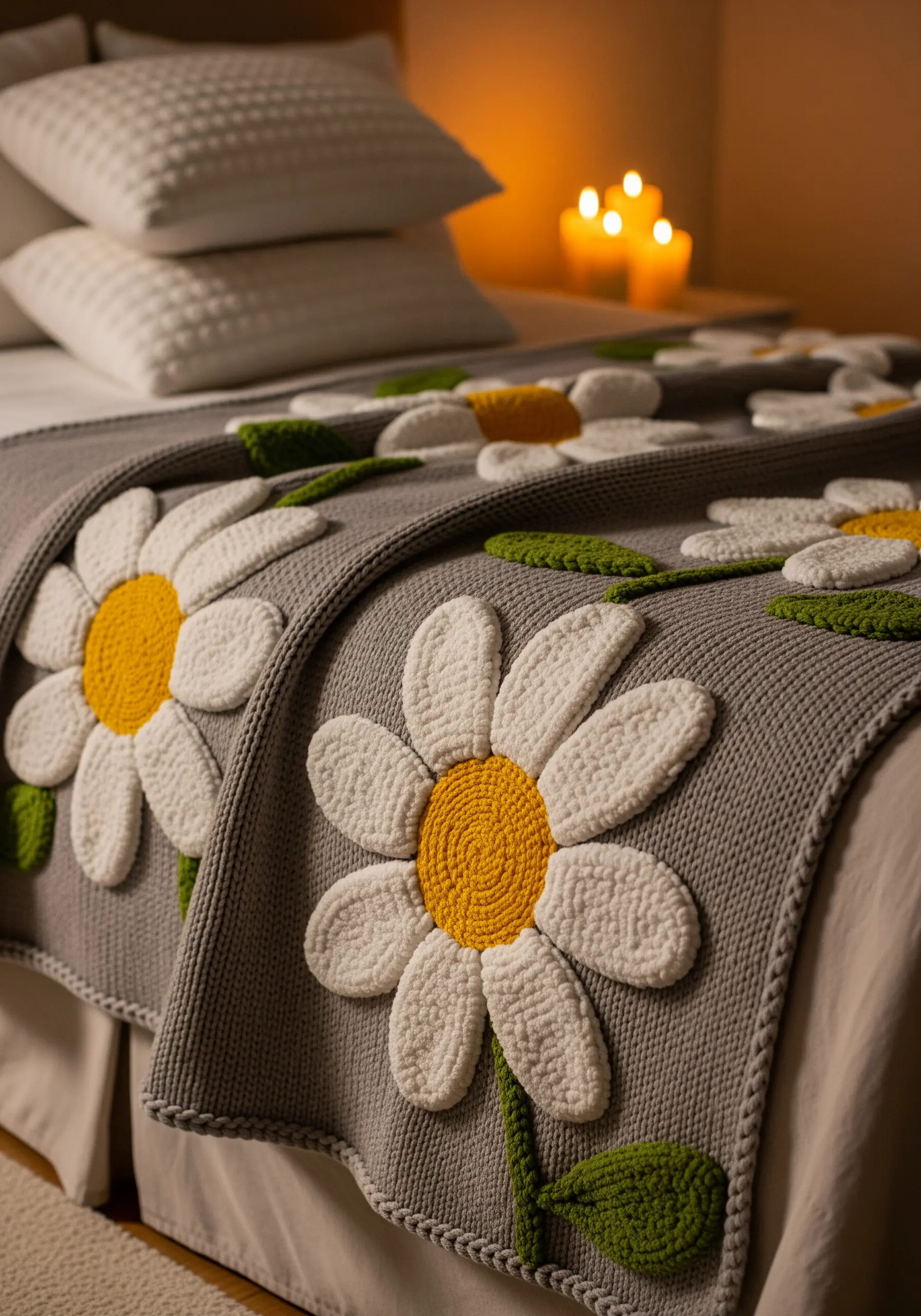 Grey knitted blanket with large white daisy embroidery