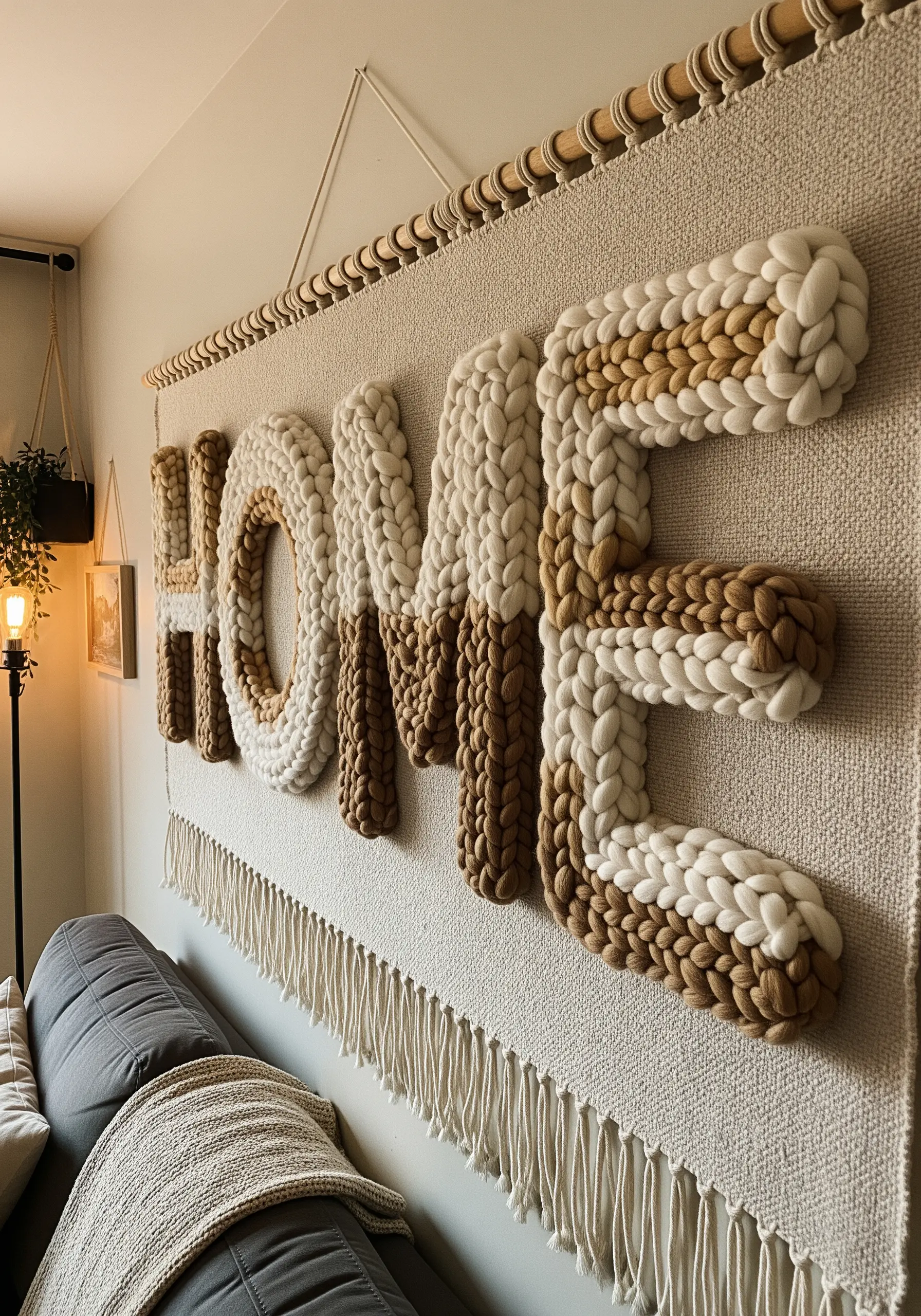 Large scale yarn tapestry with looped texture spelling HOME in beige and white