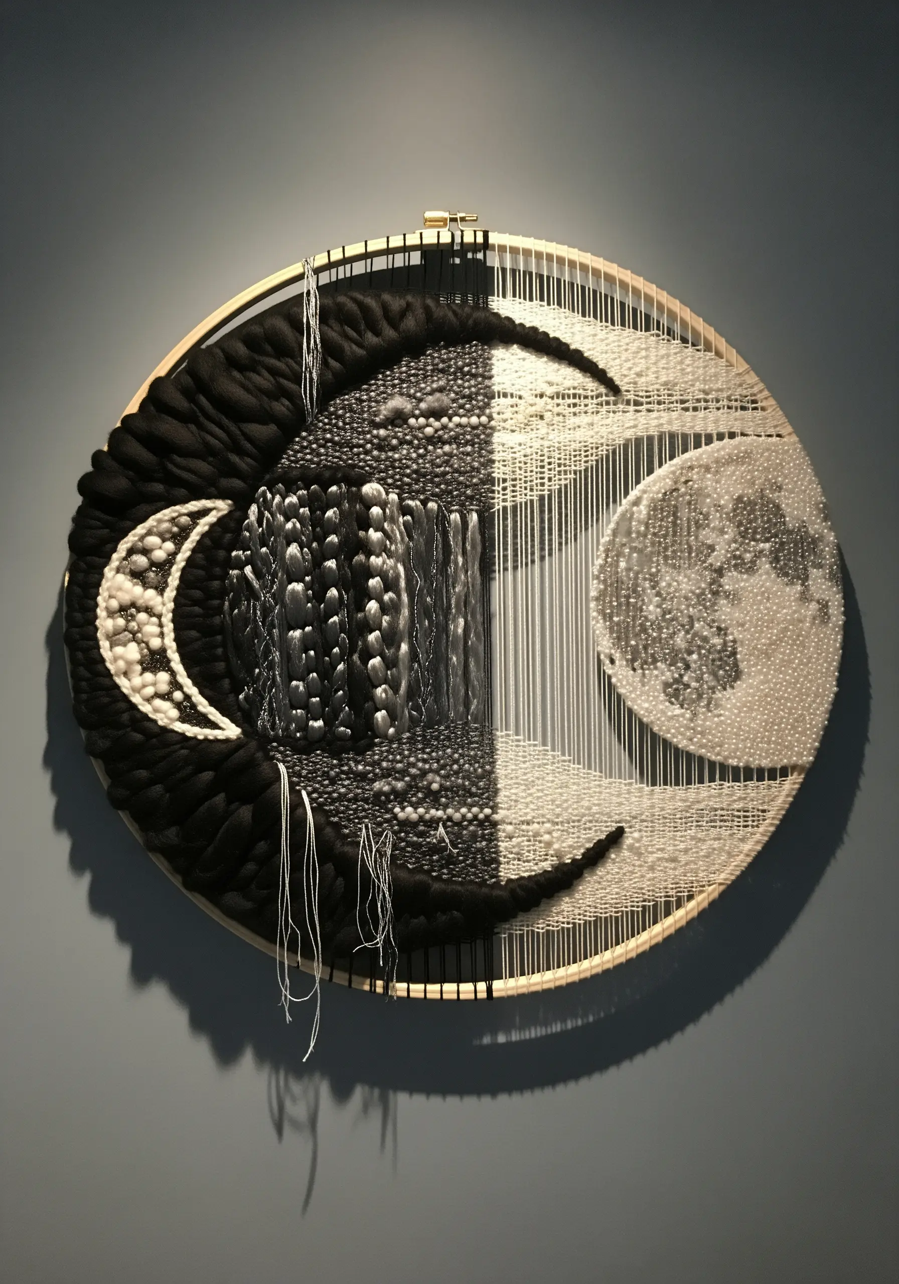 Circular woven wall art depicting a crescent and full moon with beads