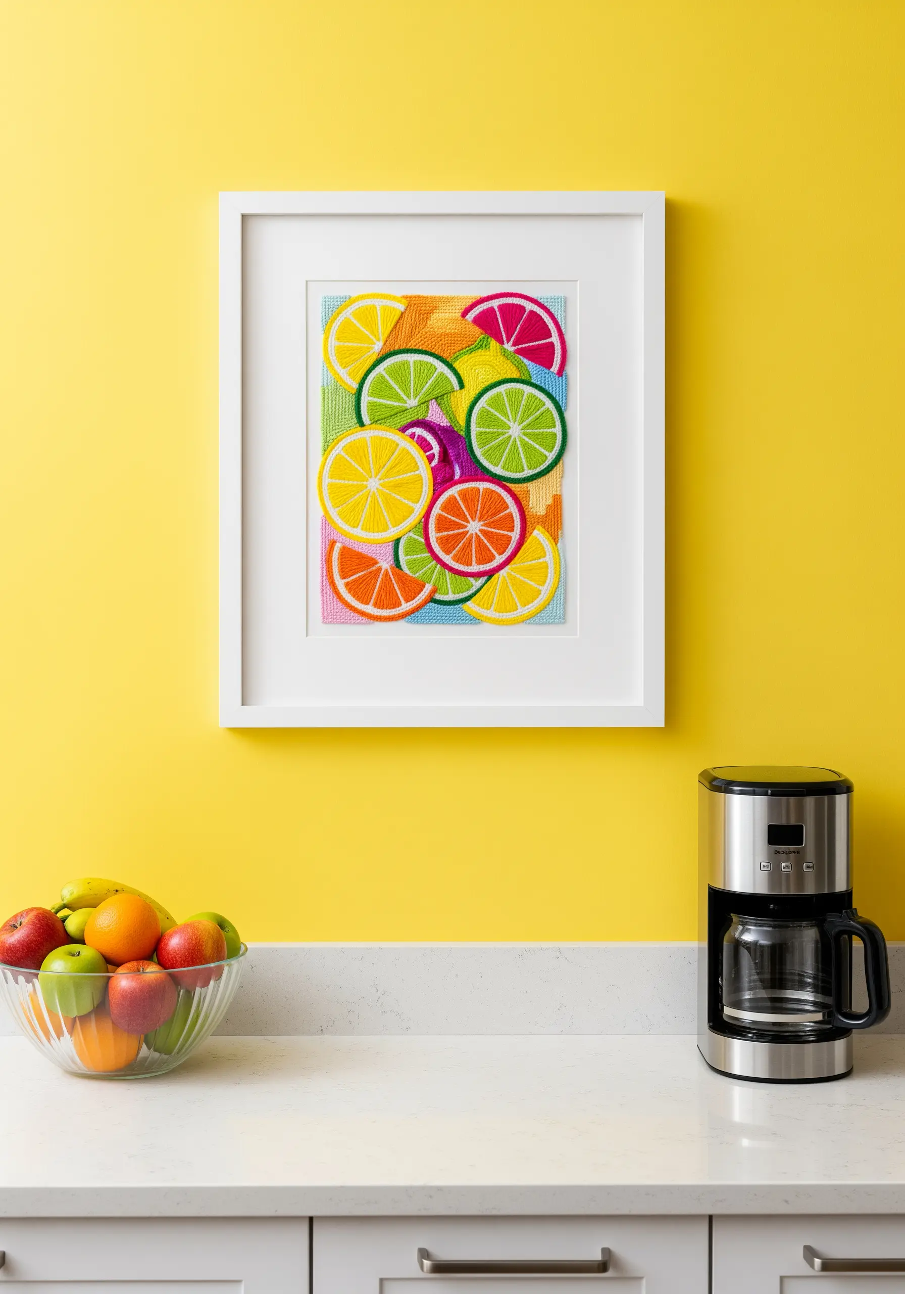 Framed embroidery of colorful citrus slices with bold satin stitch against a bright yellow wall.