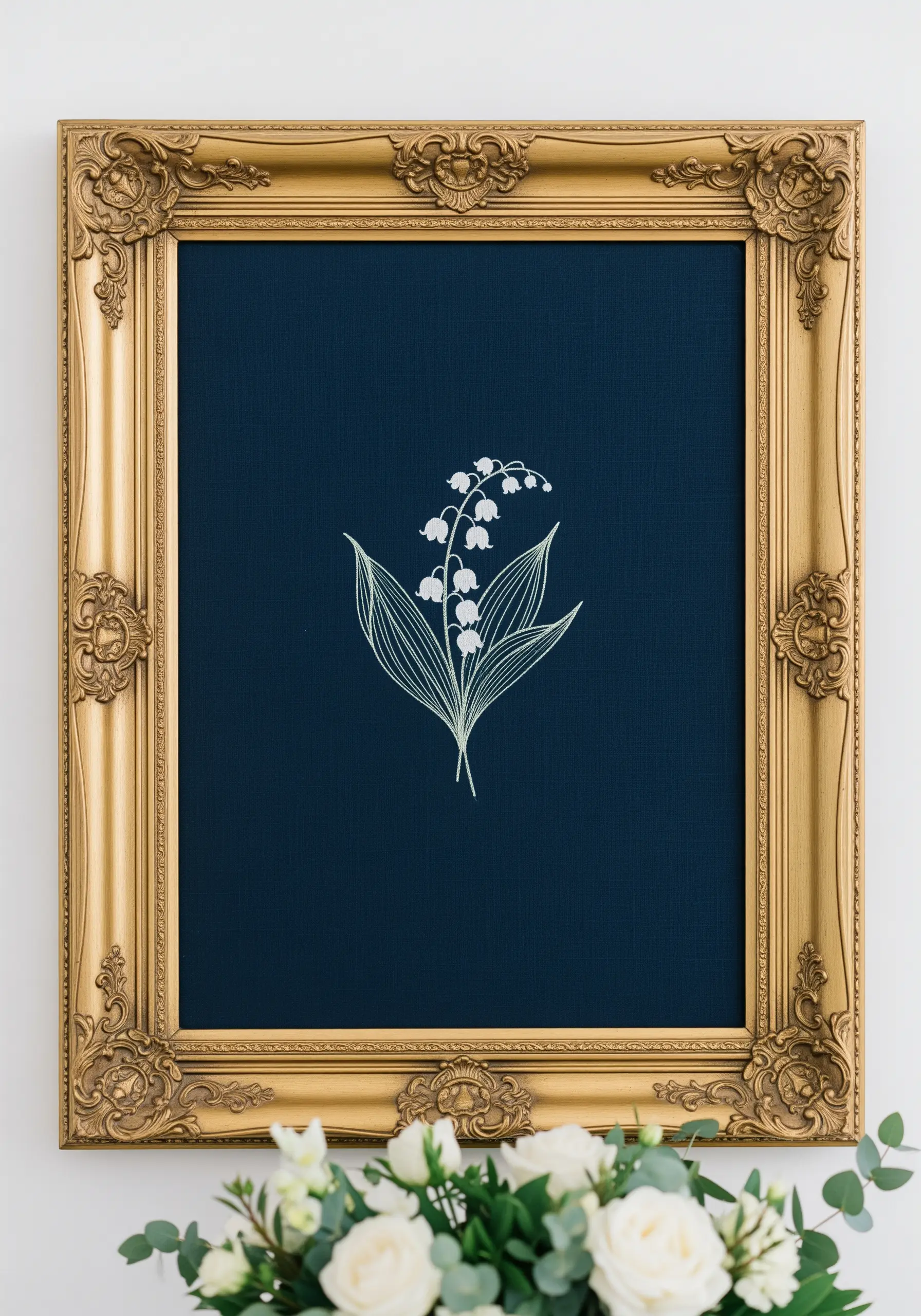 A delicate lily of the valley embroidered in white on navy blue fabric in an ornate gold frame.