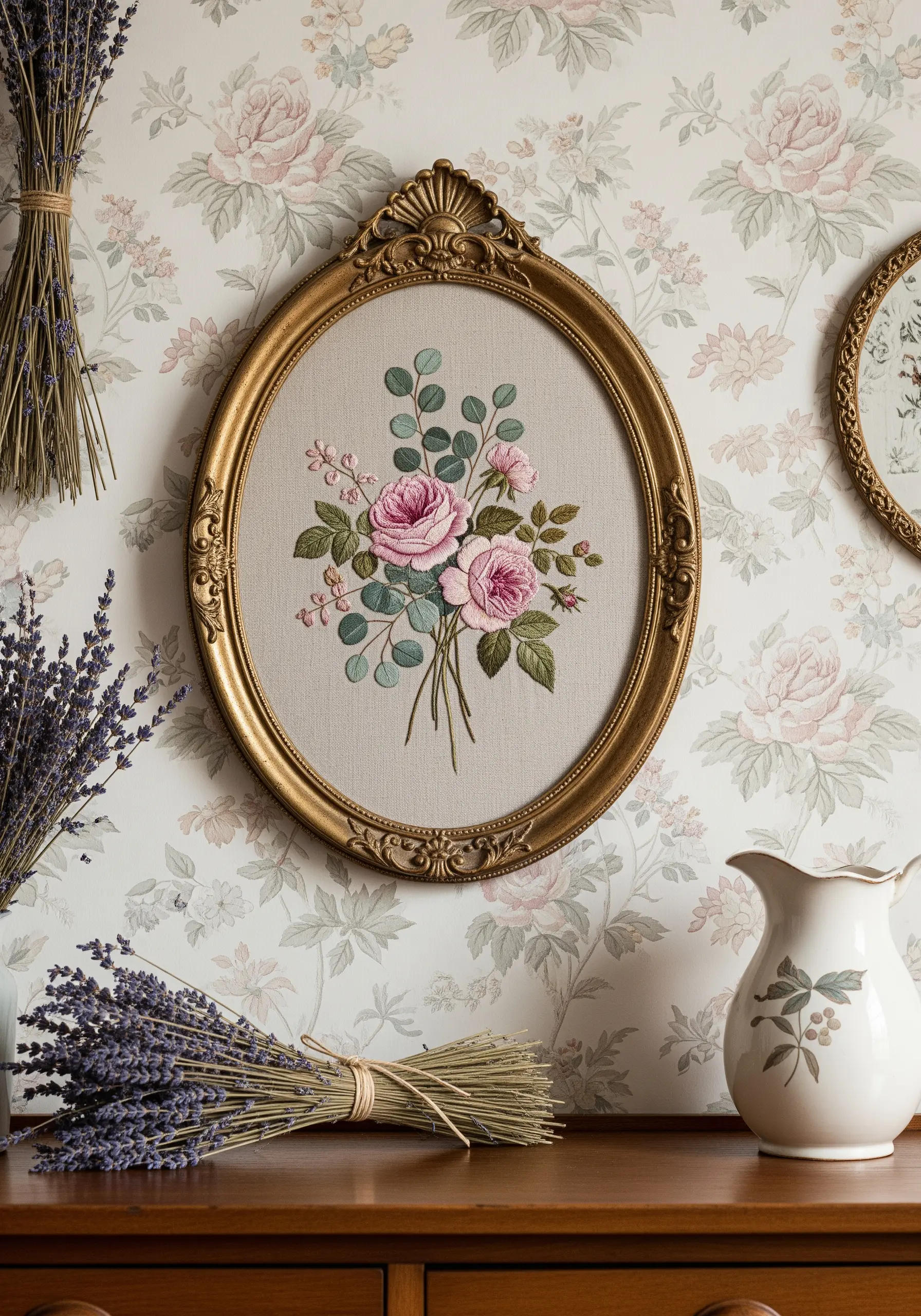 Oval vintage gold frame containing embroidered pink roses on linen
