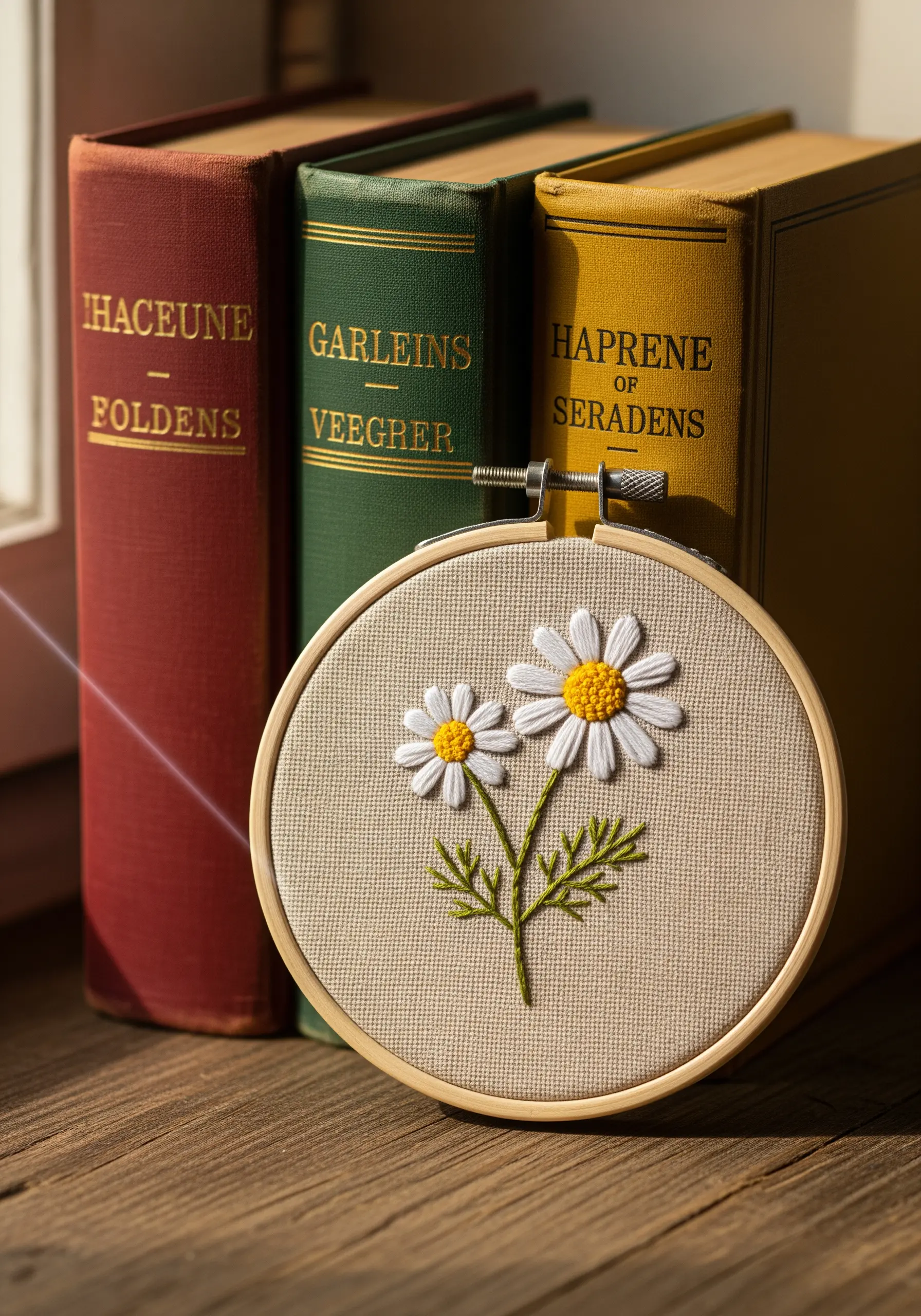 Two white daisies with yellow centers embroidered next to a stack of books.