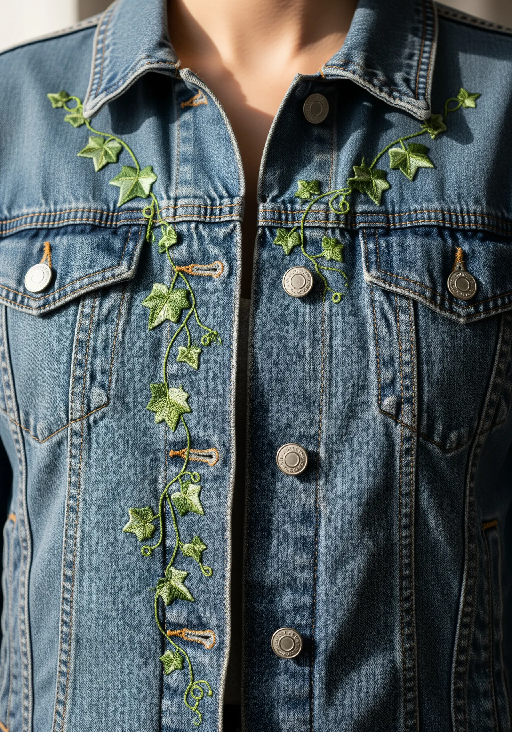 Delicate green ivy vines embroidered along the front opening of a denim jacket.