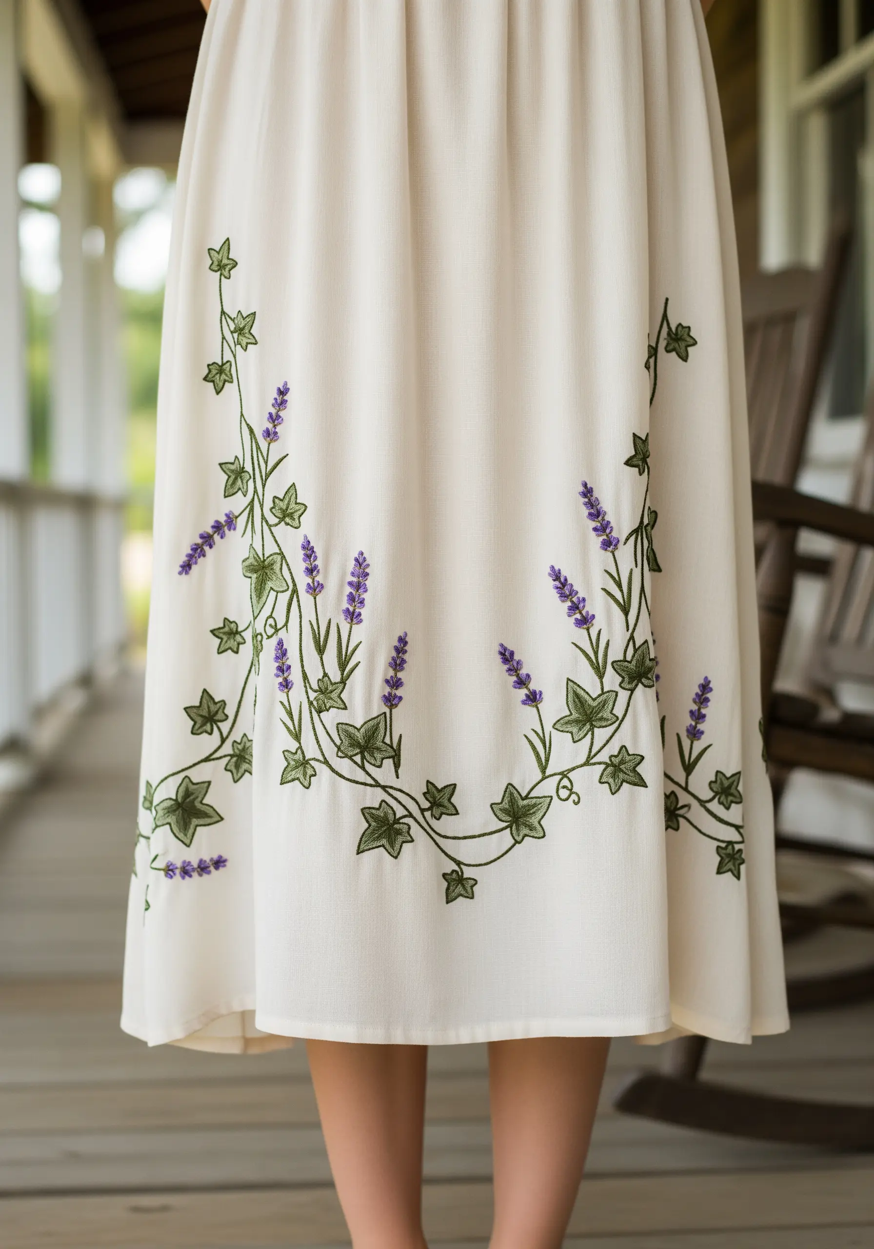 White linen skirt with climbing green ivy and purple lavender embroidery