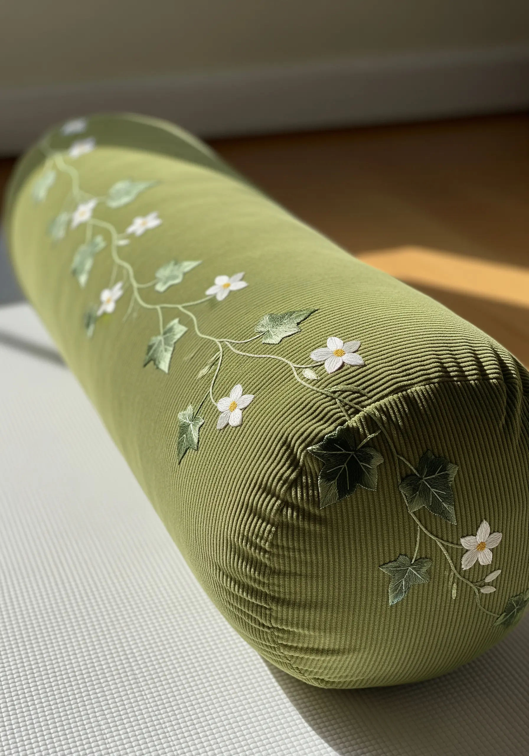 A green corduroy yoga bolster with a delicate climbing vine of white flowers and green leaves embroidered.