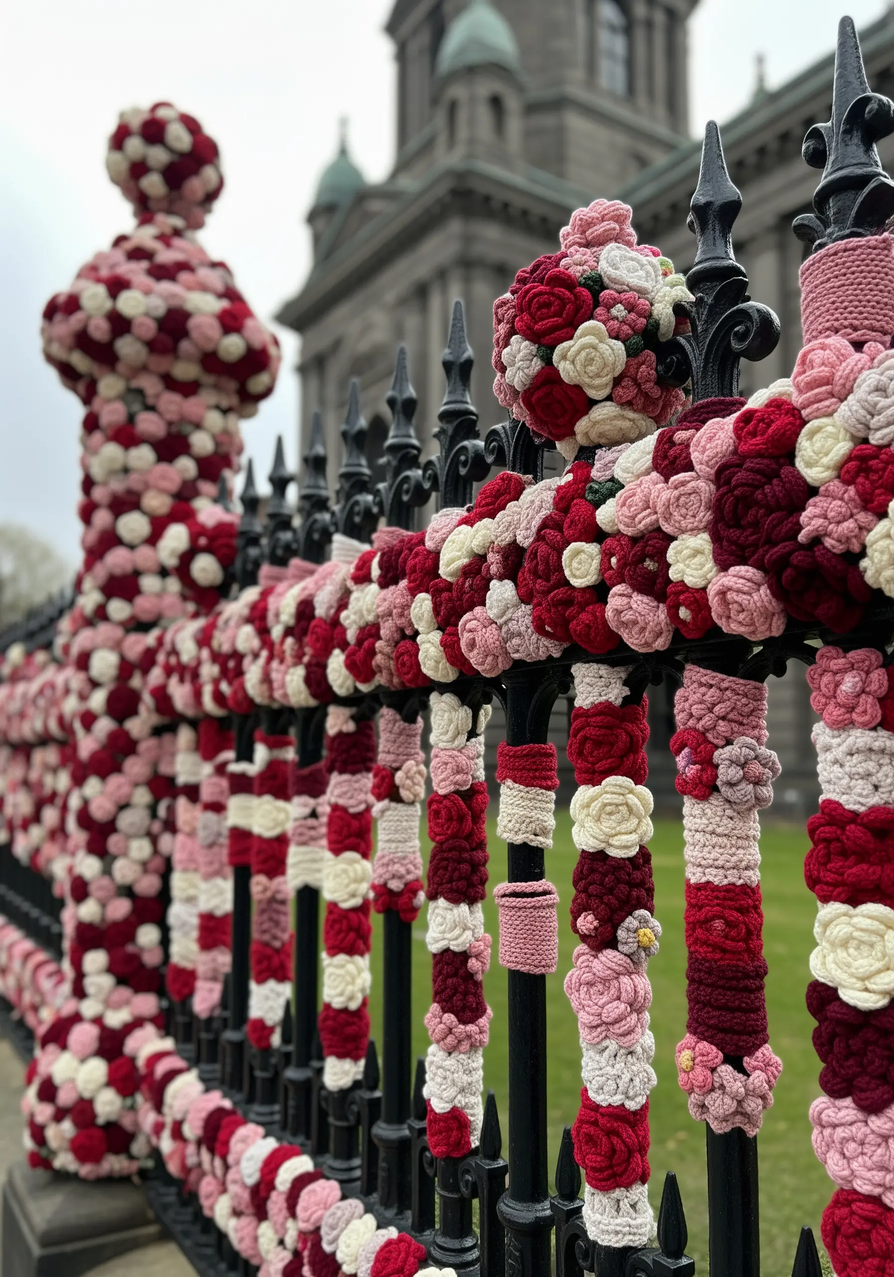 A black iron fence heavily decorated with crocheted red, pink, and white rosettes.