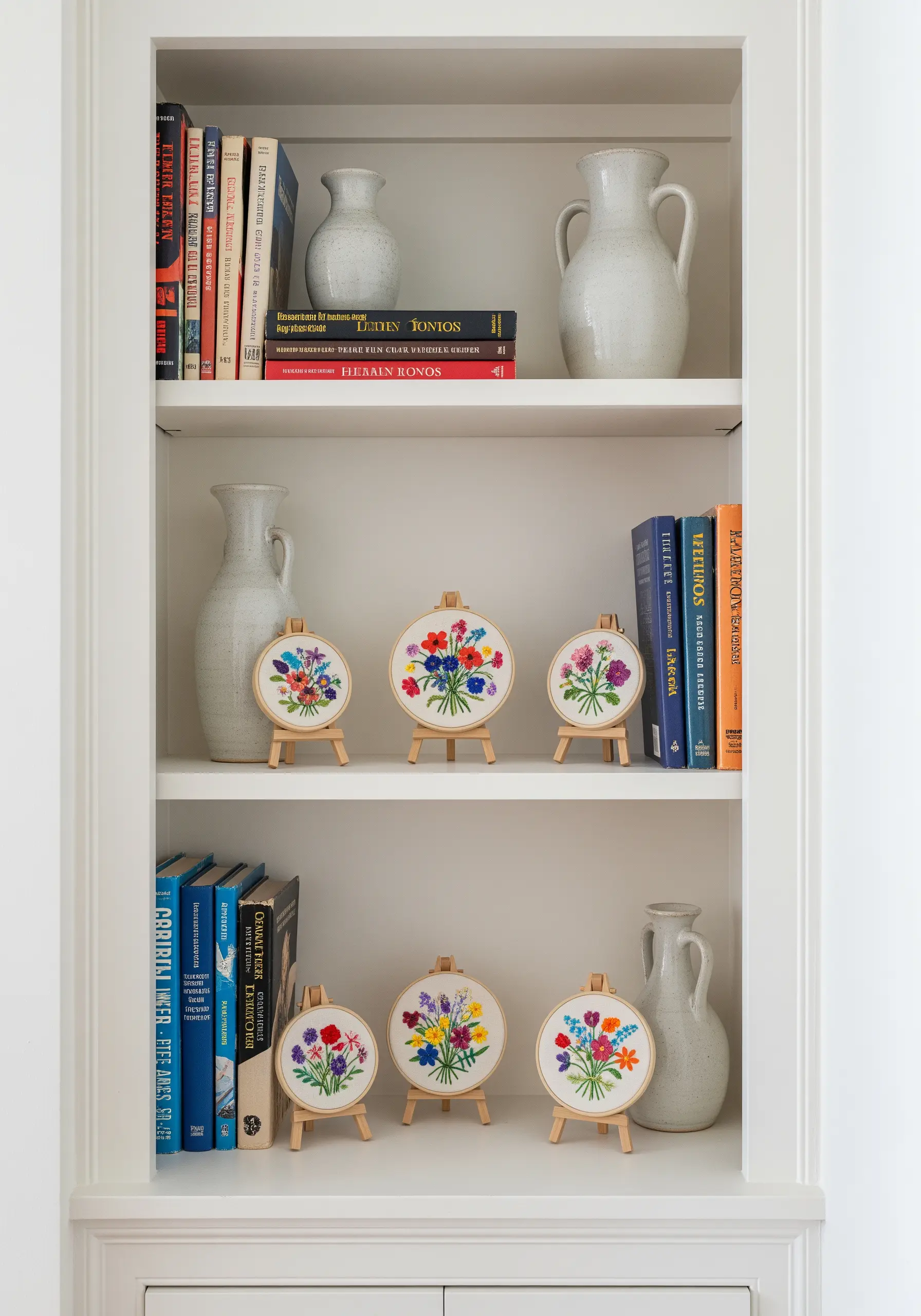 A collection of six miniature embroidery hoops with colorful floral bouquets on display easels.