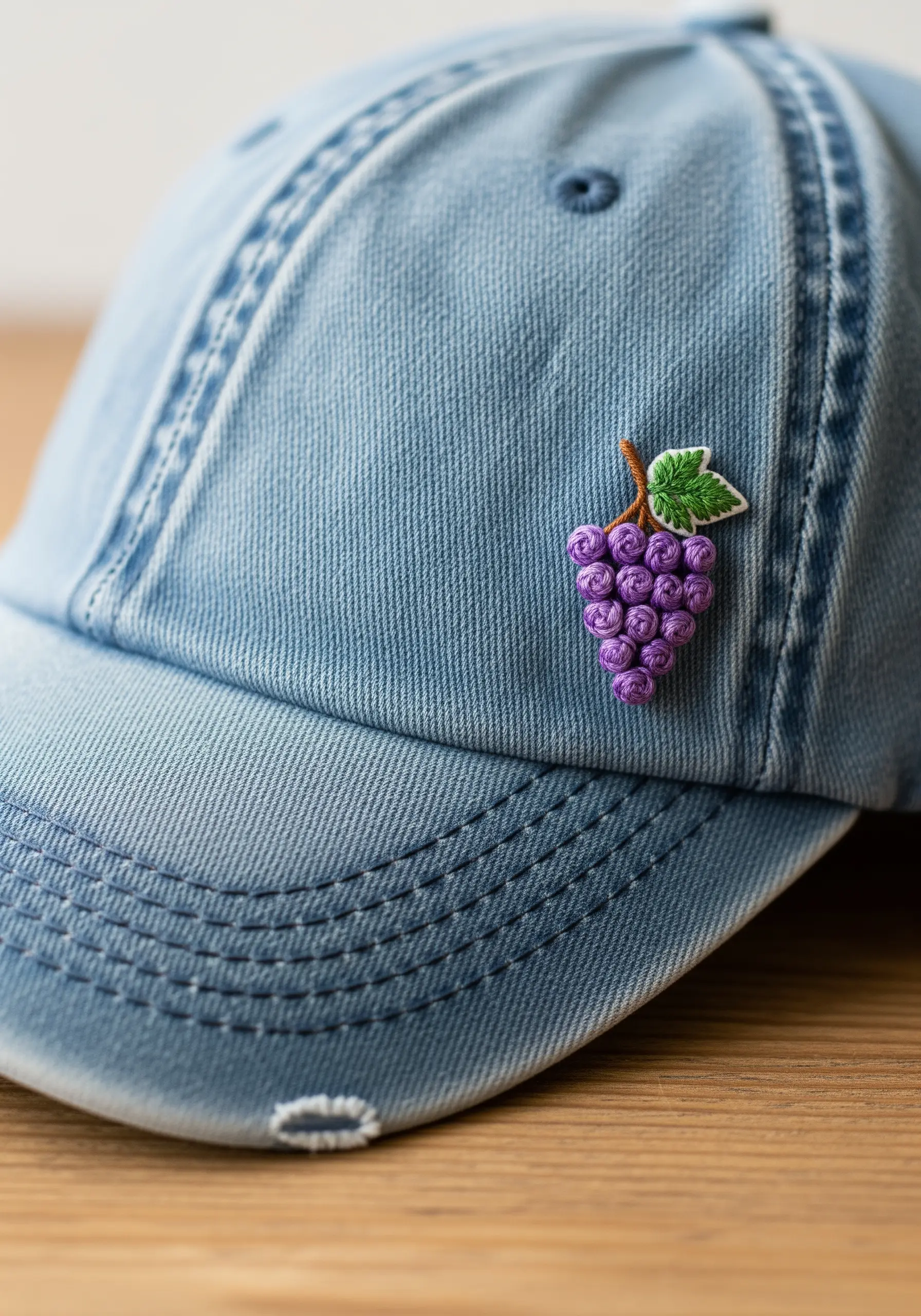 A small bunch of purple grapes made with French knots on the front of a denim baseball cap.