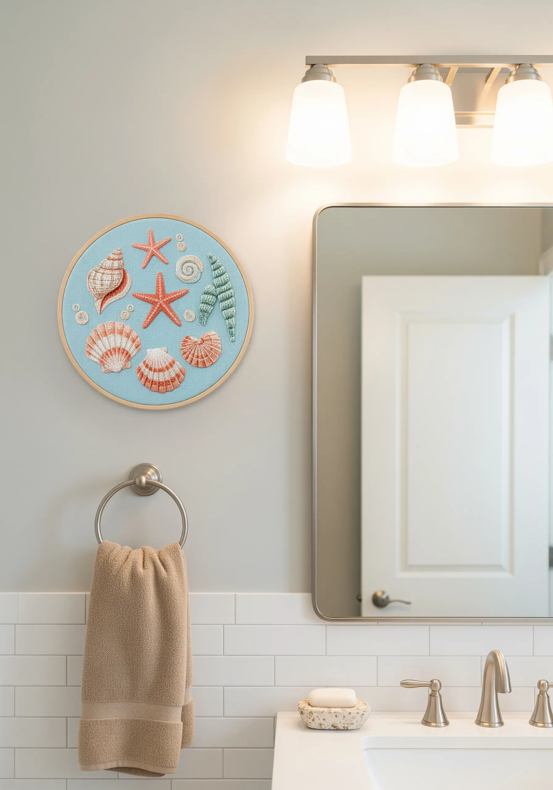 A round embroidery hoop with various seashells stitched in pastel colors on a light blue fabric.
