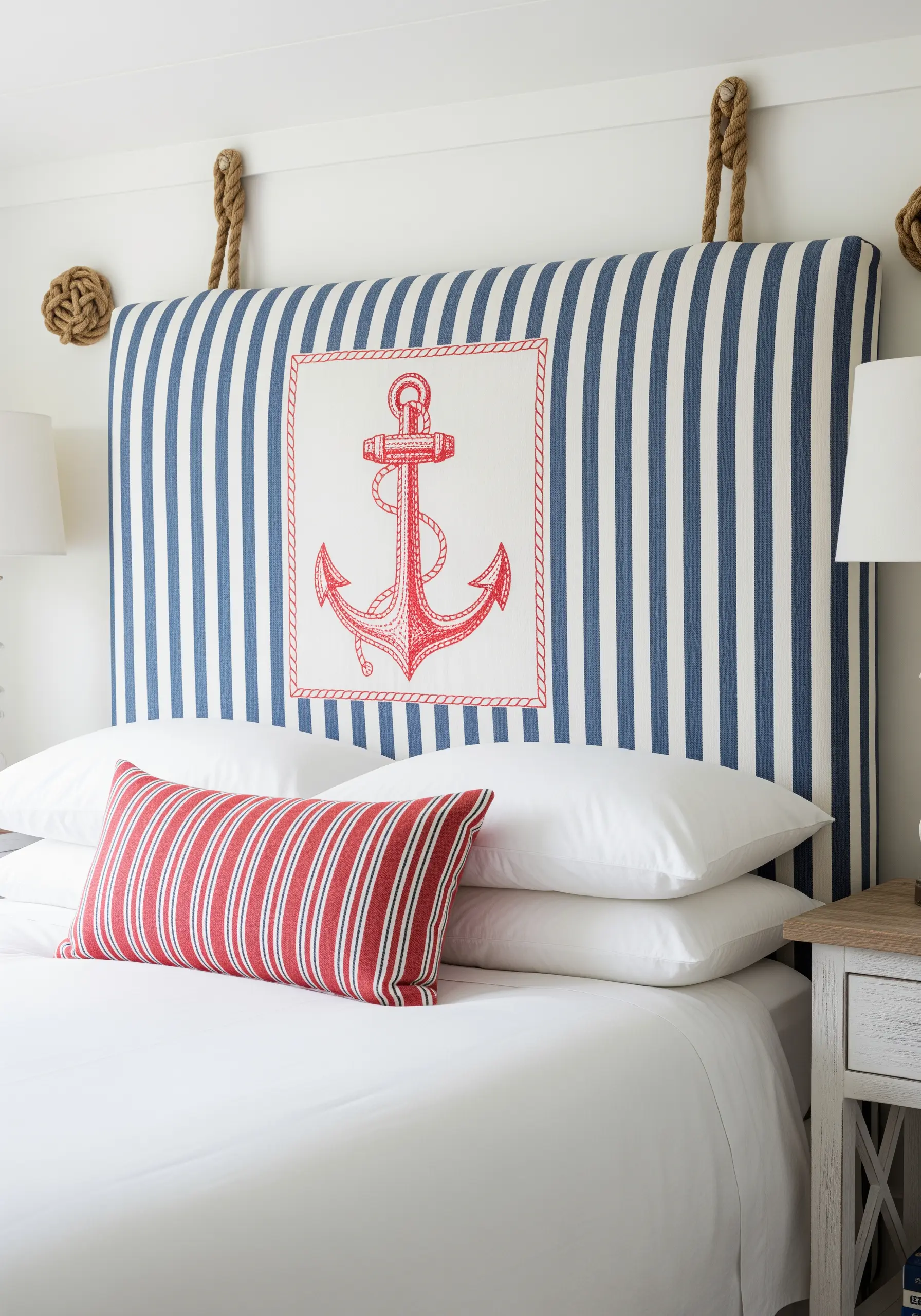 A red embroidered anchor on a white panel appliquéd onto a blue and white striped headboard.