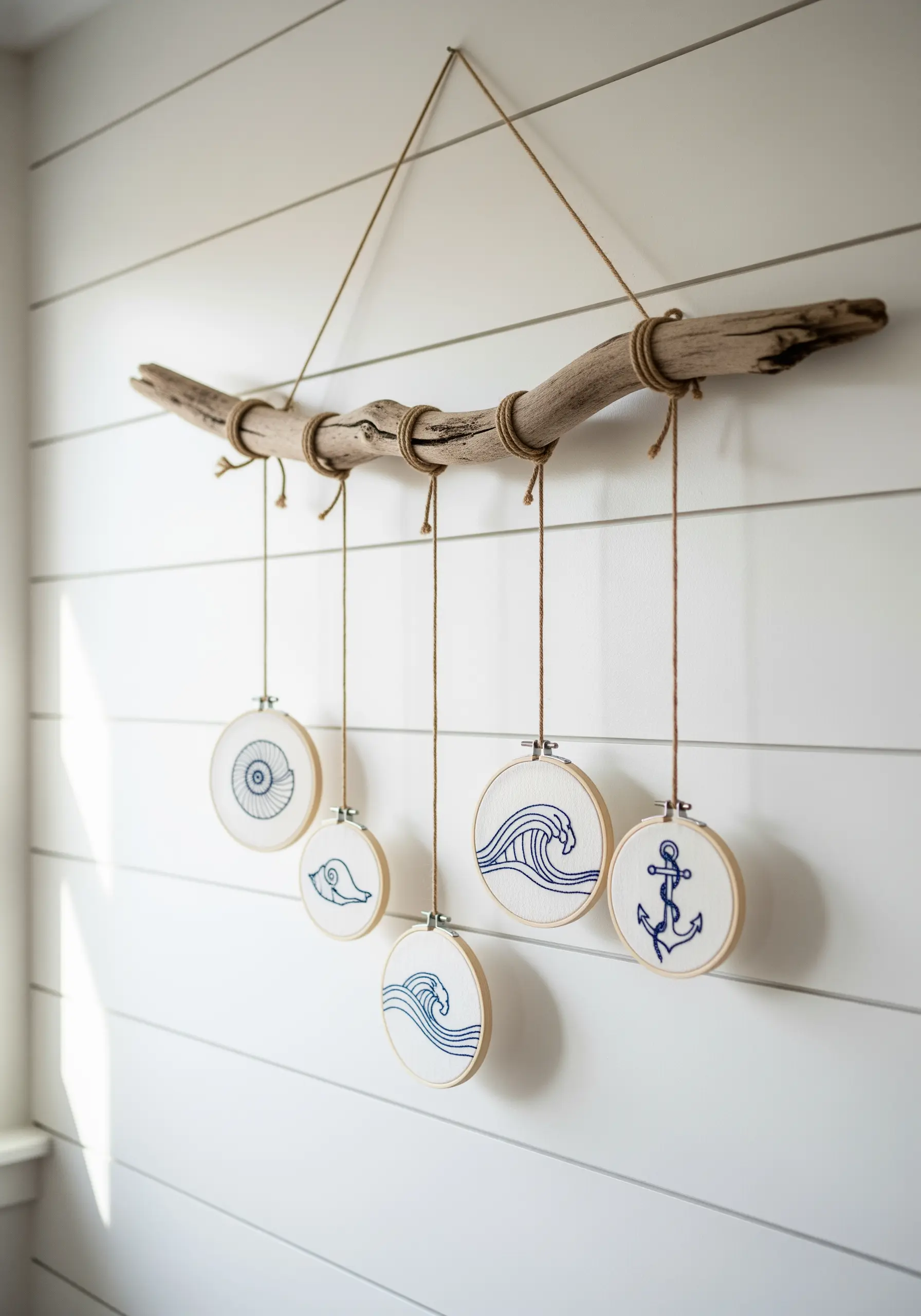 Blue line art nautical embroidery hanging from driftwood