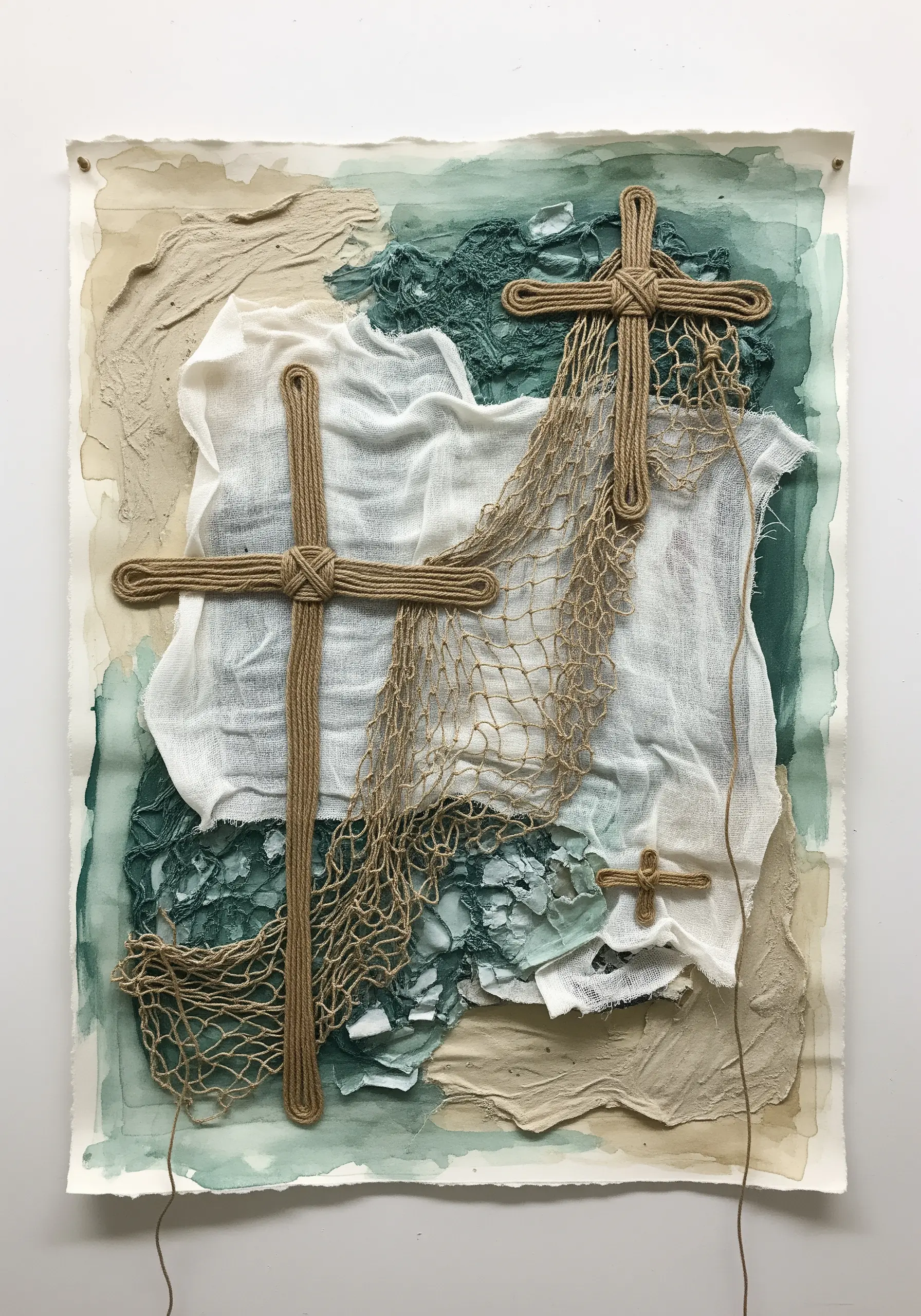 A nautical-themed mixed-media collage with jute rope crosses, netting, and gauze.