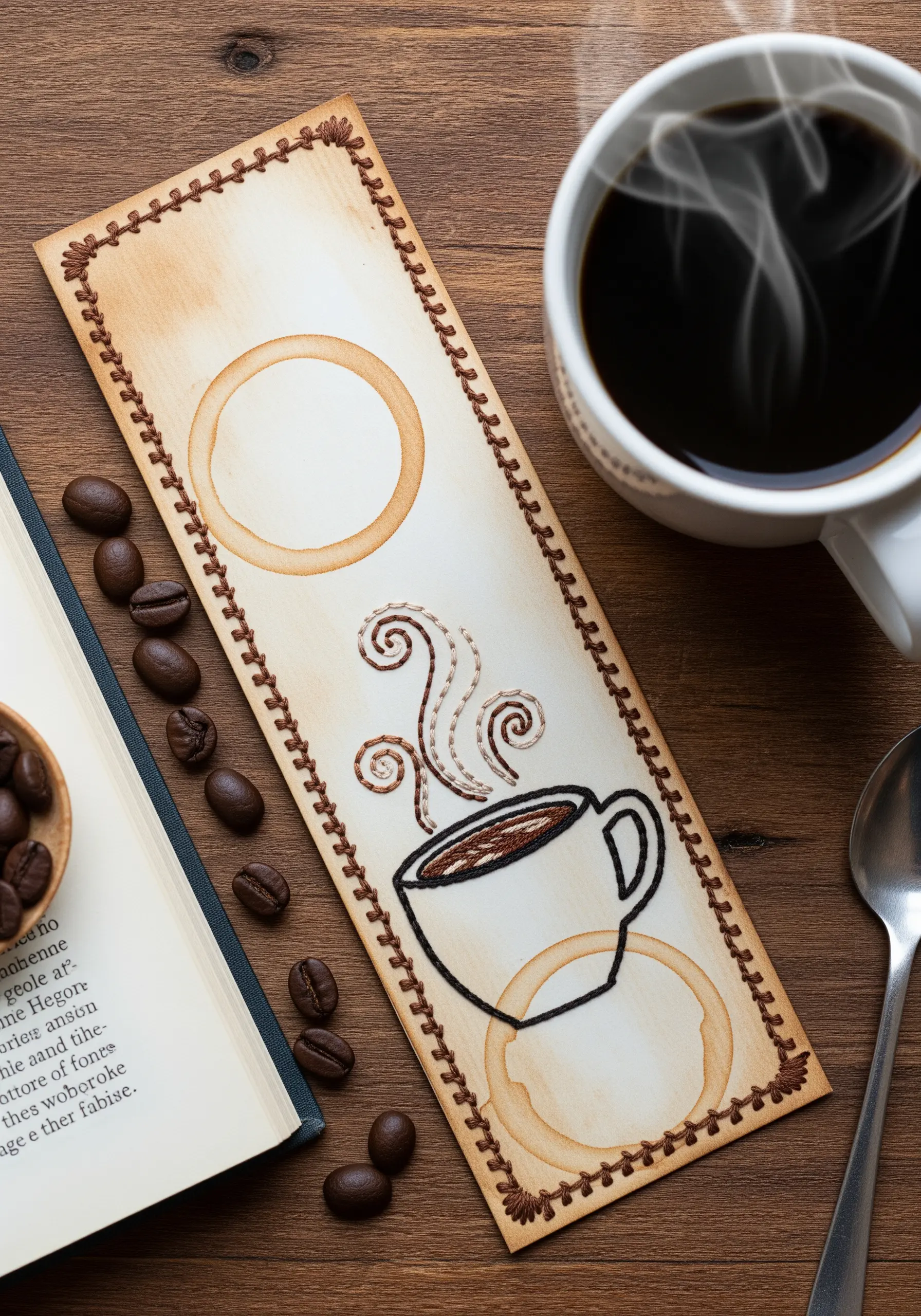 Coffee cup embroidered on coffee-stained paper, with whimsical stitched steam and a decorative border.